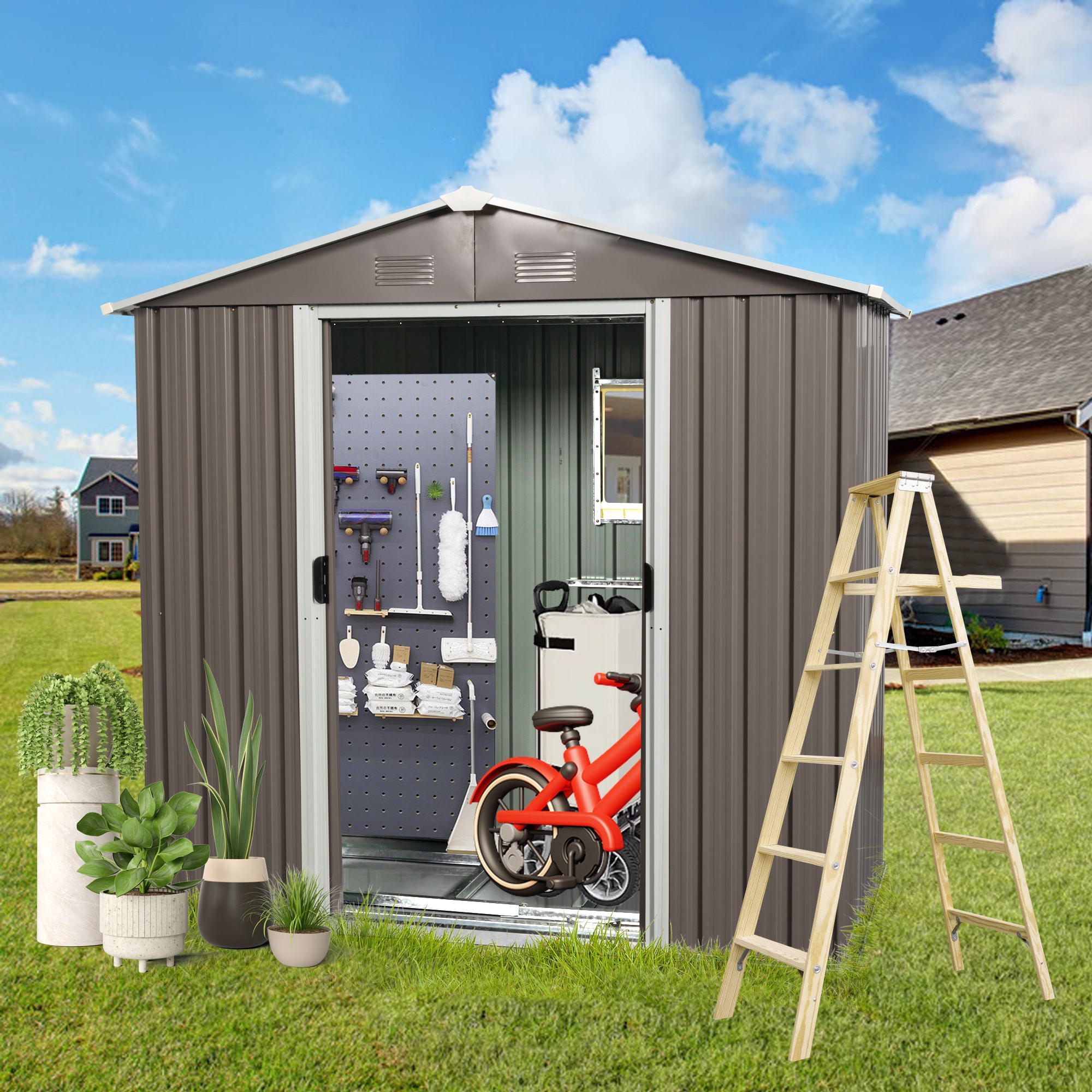 Clihome 7.4-ft x 3.9-ft Galvanized Steel Storage Shed in the Metal ...