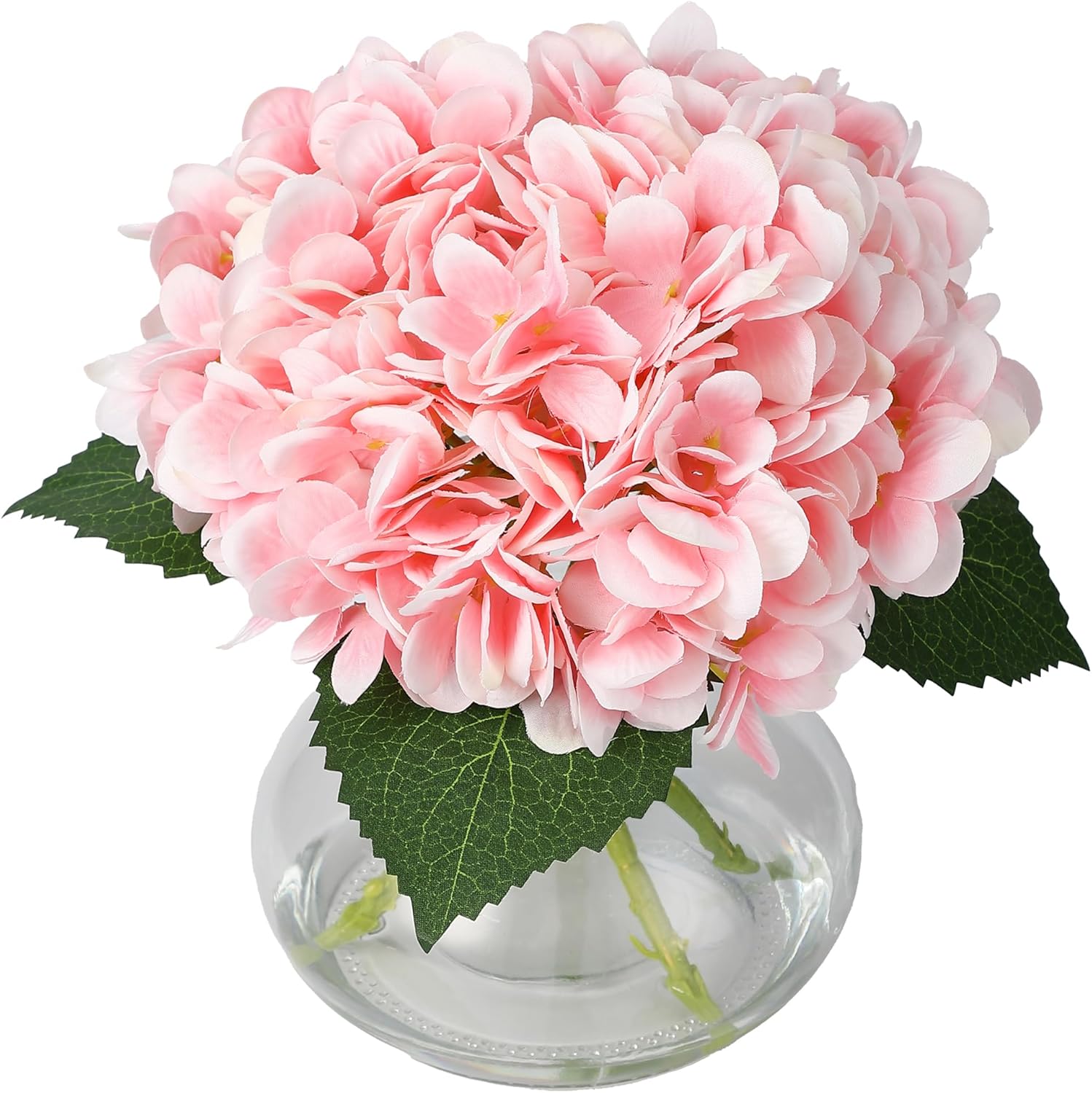 GAOMON Pink Faux Hydrangea in Glass Vase with Faux Water Silk Arrangement for Home Decor