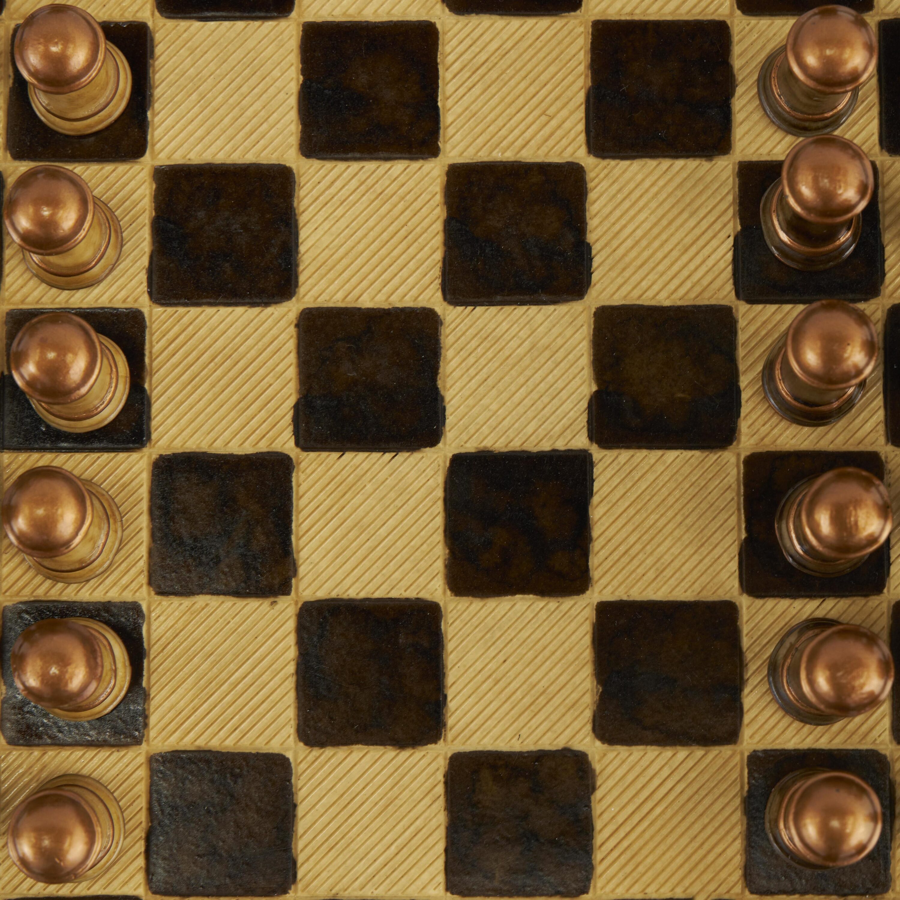 Brown Polystone and Brass Chess Set with Mahogany Finish