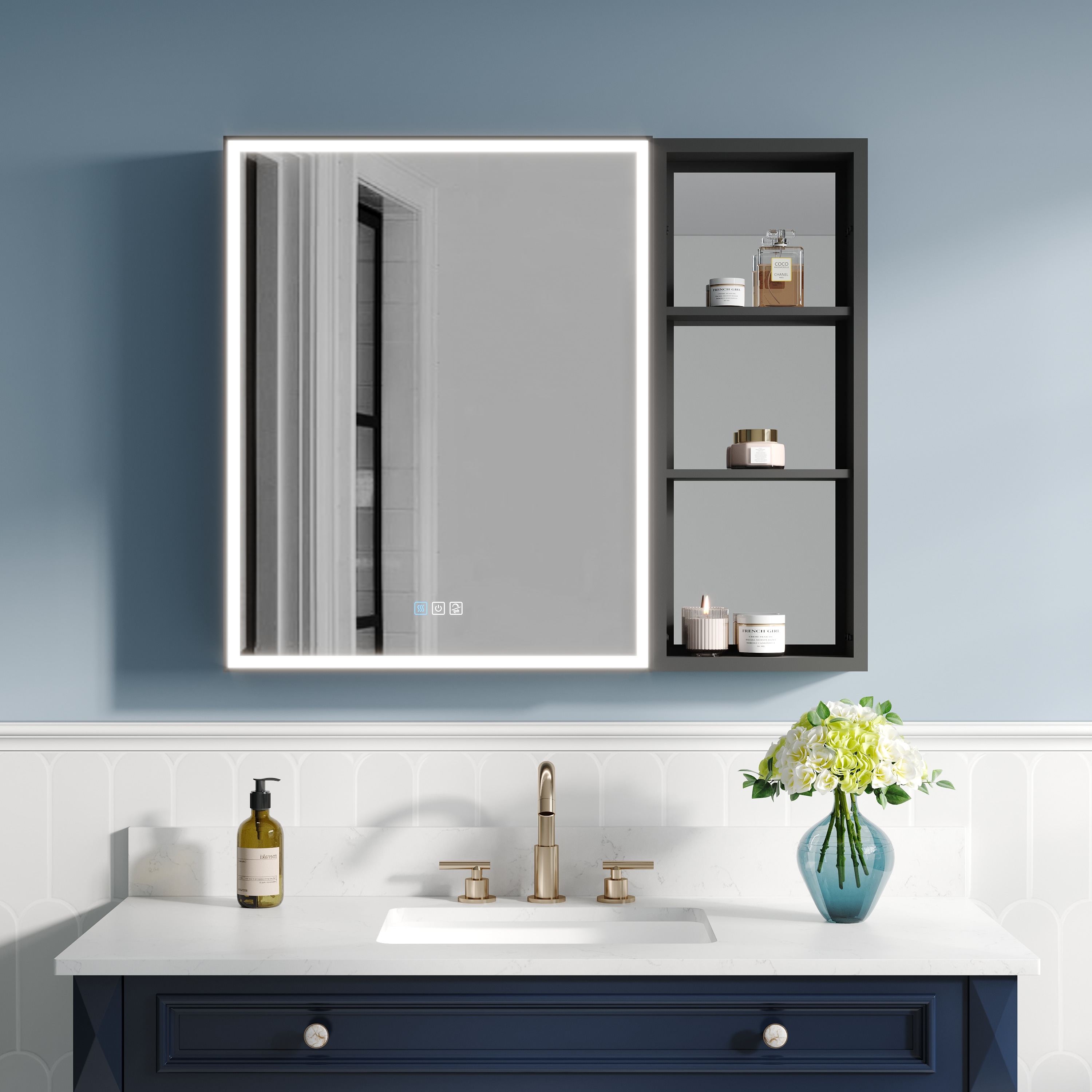 CALVON RC12-2430L-MC Amelia LED Lighted Medicine Cabinet 36-in x 30-in Lighted LED Fog Free Surface/Recessed Mount Black Mirrored Rectangle Soft Close Medicine Cabinet with Outlet