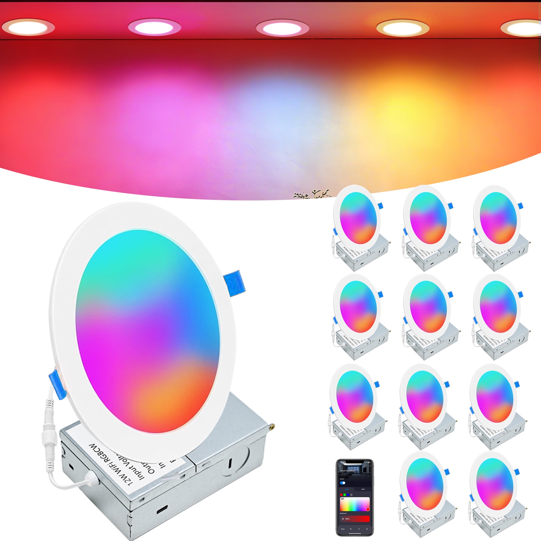 Bieuoram 12 Pack 6 Inch Smart Wifi LED Recessed Lighting RGBCW Color Changing Downlight Dimmable LED Ceiling Lights by Bluetooth Control 110-130V 1320 Lumens 12W