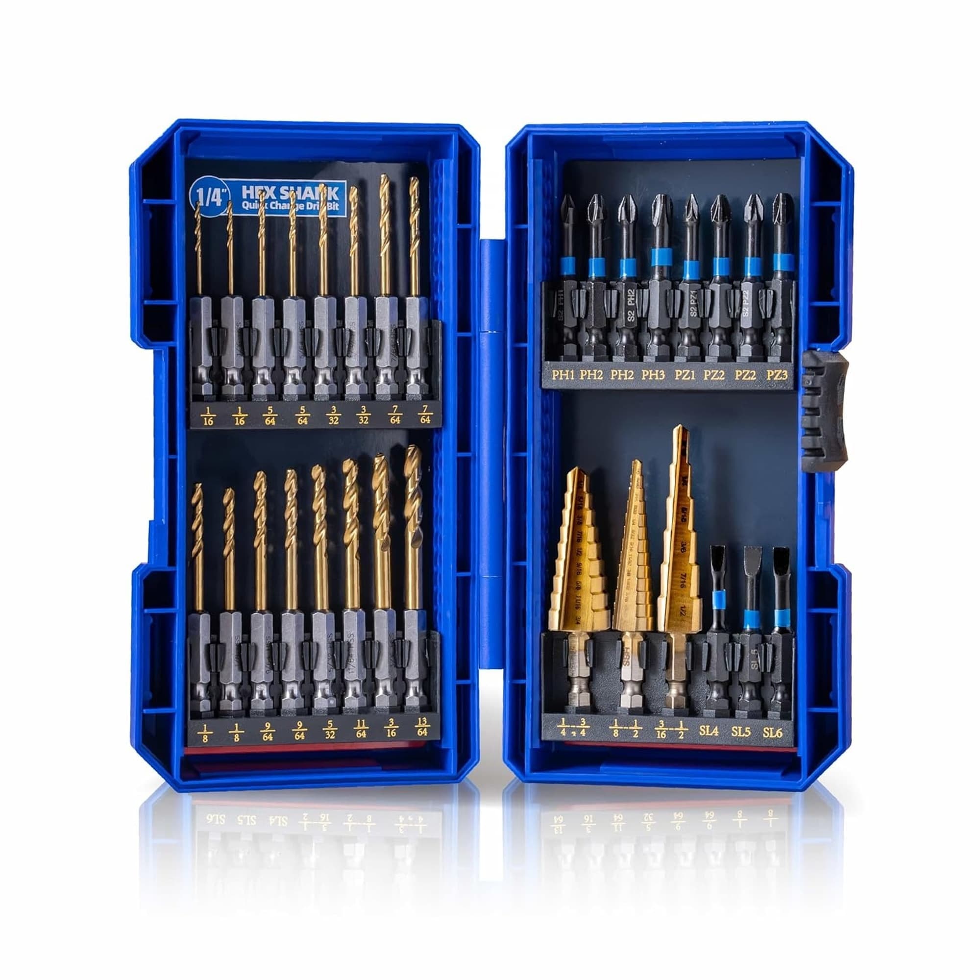 Angel Sar 0.5in Cutting Dia 30-Piece Hex Shank Titanium Impact Driver Bit Set Stackable Case for Hanging Pictures