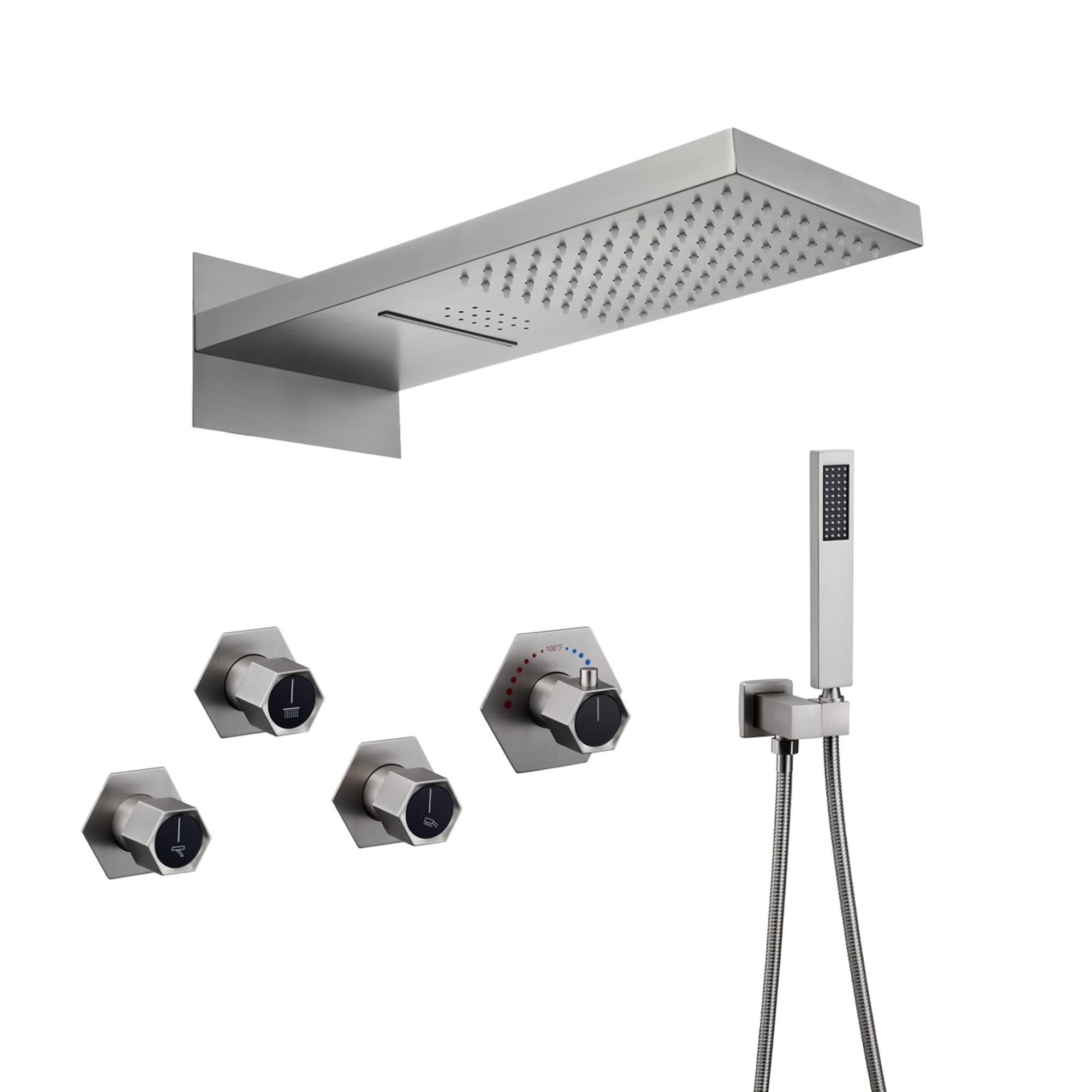 CASAINC EB-C-2-12-BN 22" Wall-Mount LED Music Thermostatic Shower System Brushed Nickel 22-in Waterfall Built-In Shower Faucet System with 2-way Diverter ( Thermostatic Valve Included )
