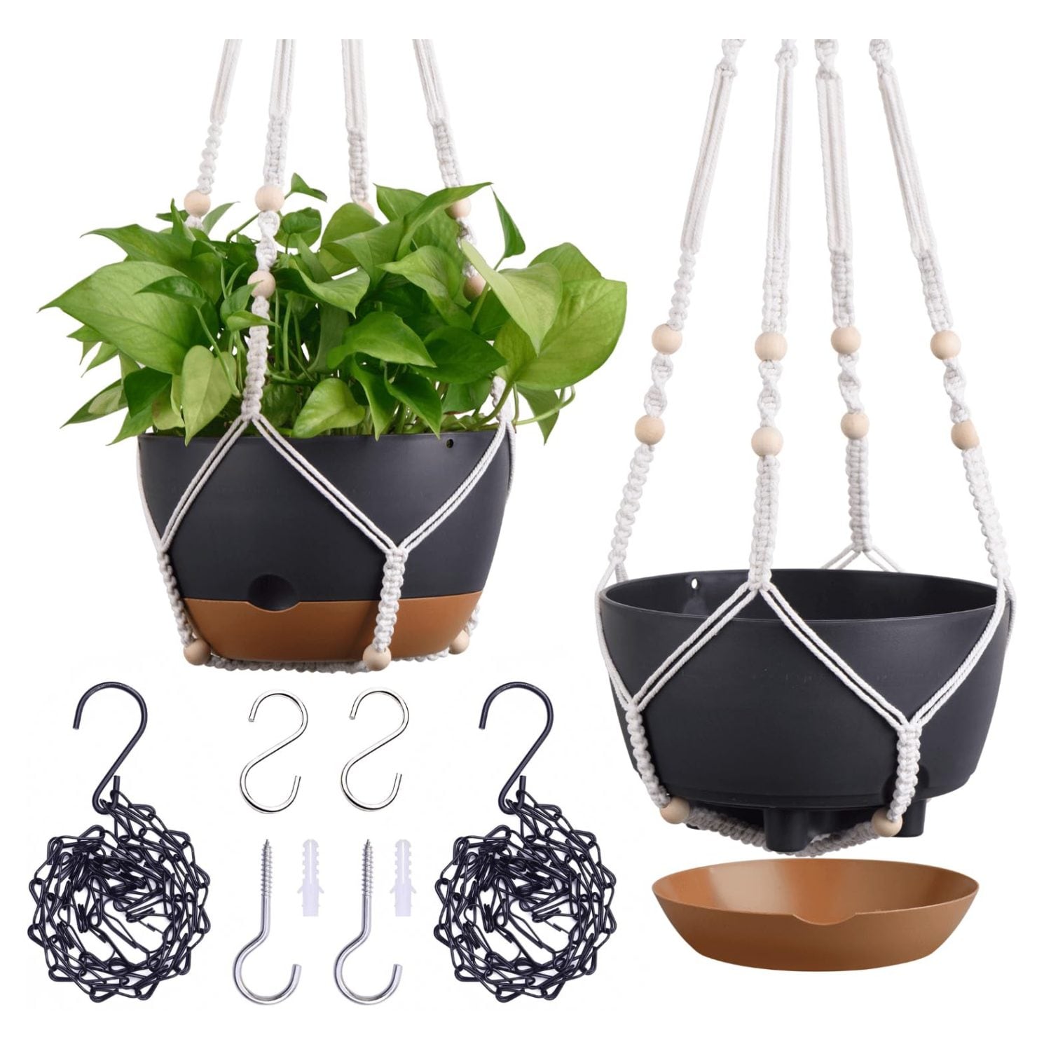 Wudkey 2-Pack Black Plastic 8 in. Self-Watering Hanging Planters with Drainage Ventilation Design and 2 Hanger Styles #L4-YA1B9W