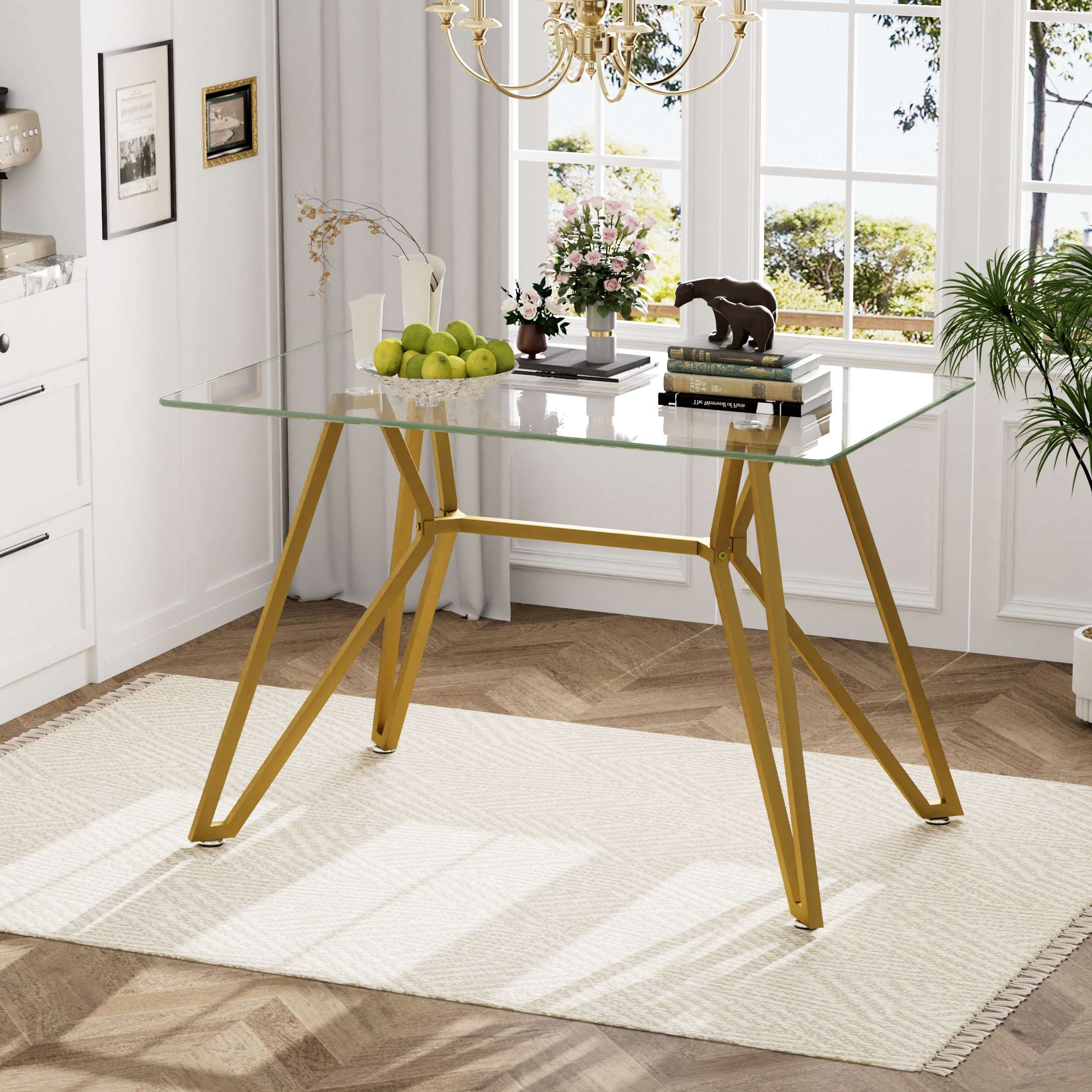 Vynxaria LESX0741-DJCZ-DT013 47 inch Rectangular Glass Dining Table  Modern Style  Sturdy Gold Metal Legs  Fits 1 or 6 People  Ideal for Dining Room  Living Room Office