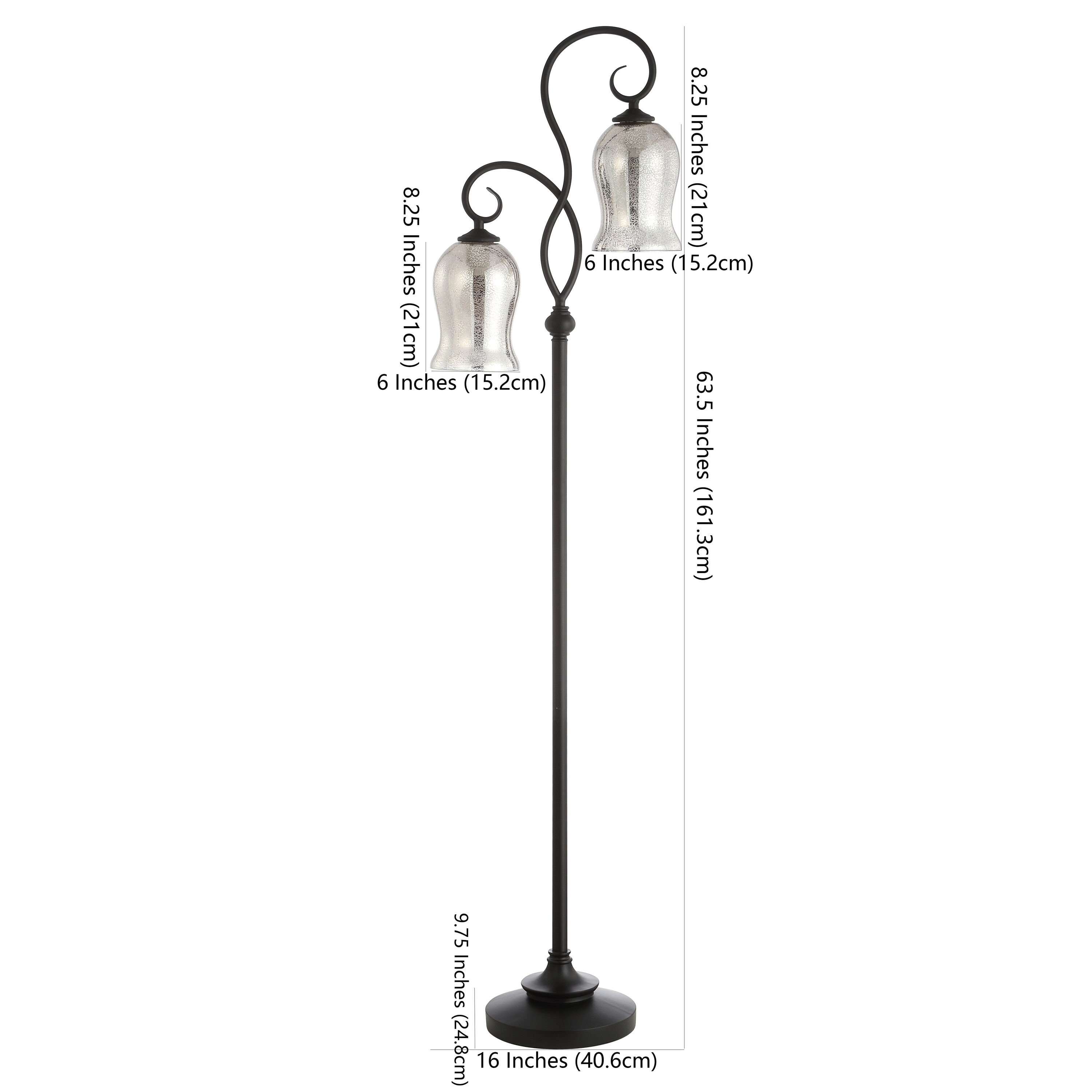 Claudia 63.5" Black Curved Floor Lamp with Silver Ivory Glass Shades