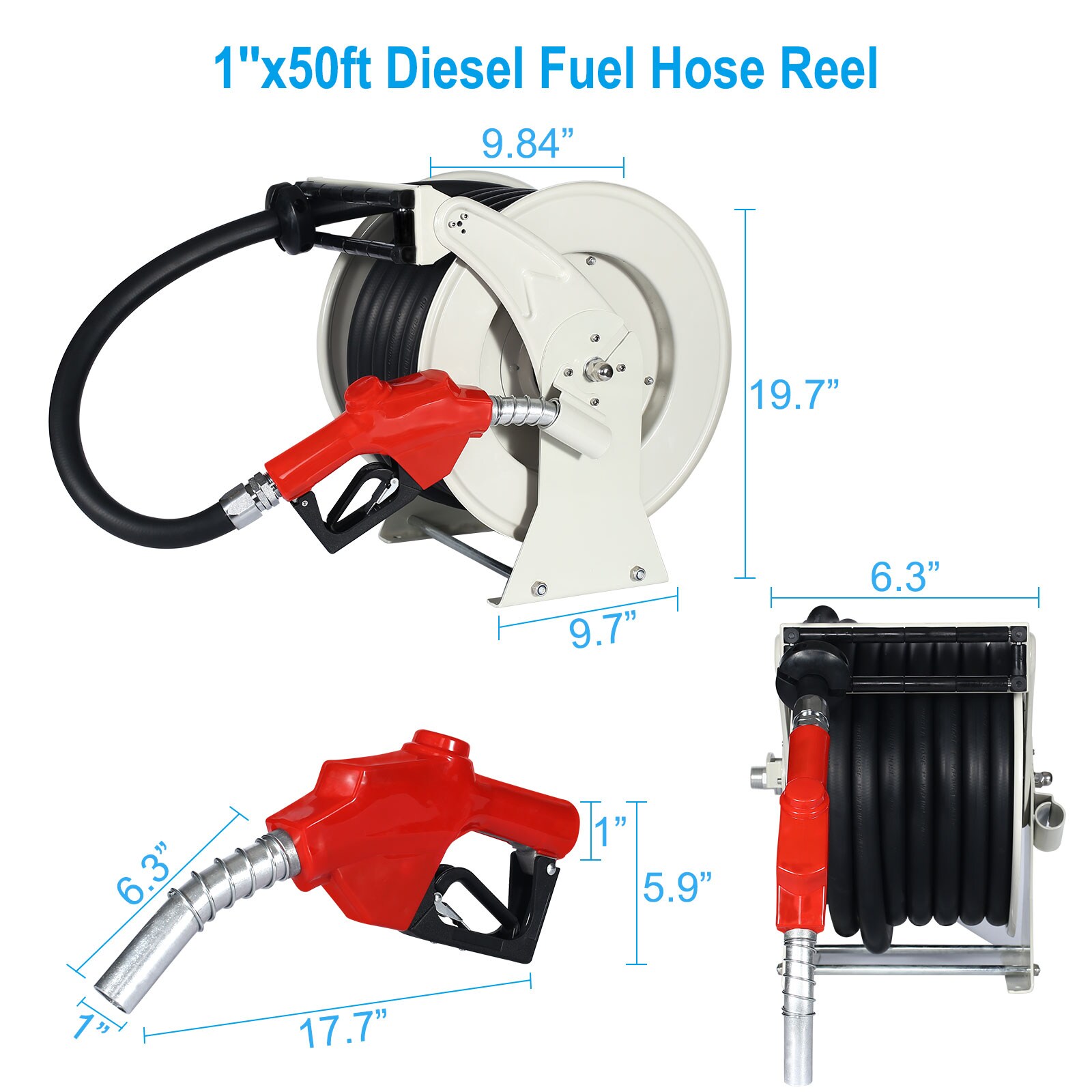 VEVOR Fuel Hose Reel, 1 x 50', Extra Long Retractable Diesel Hose Reel,  Heavy-Duty Carbon
