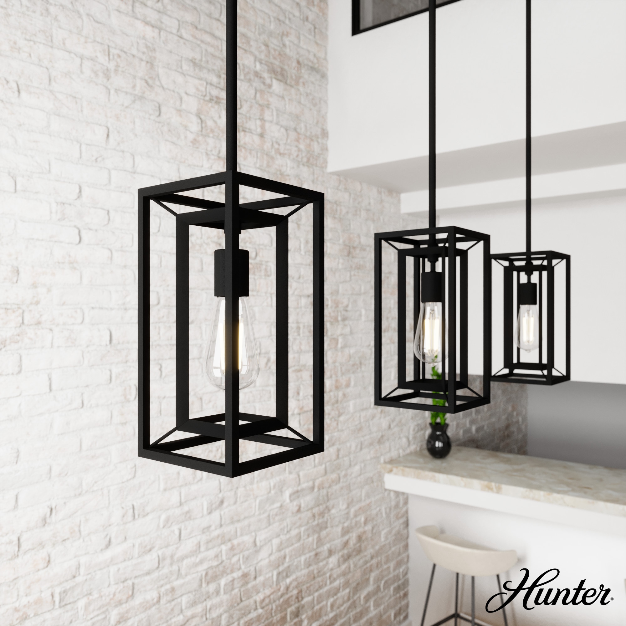 Hunter 19755 Doherty 1 -Light Natural Iron Transitional Square Mini Hanging Kitchen island light