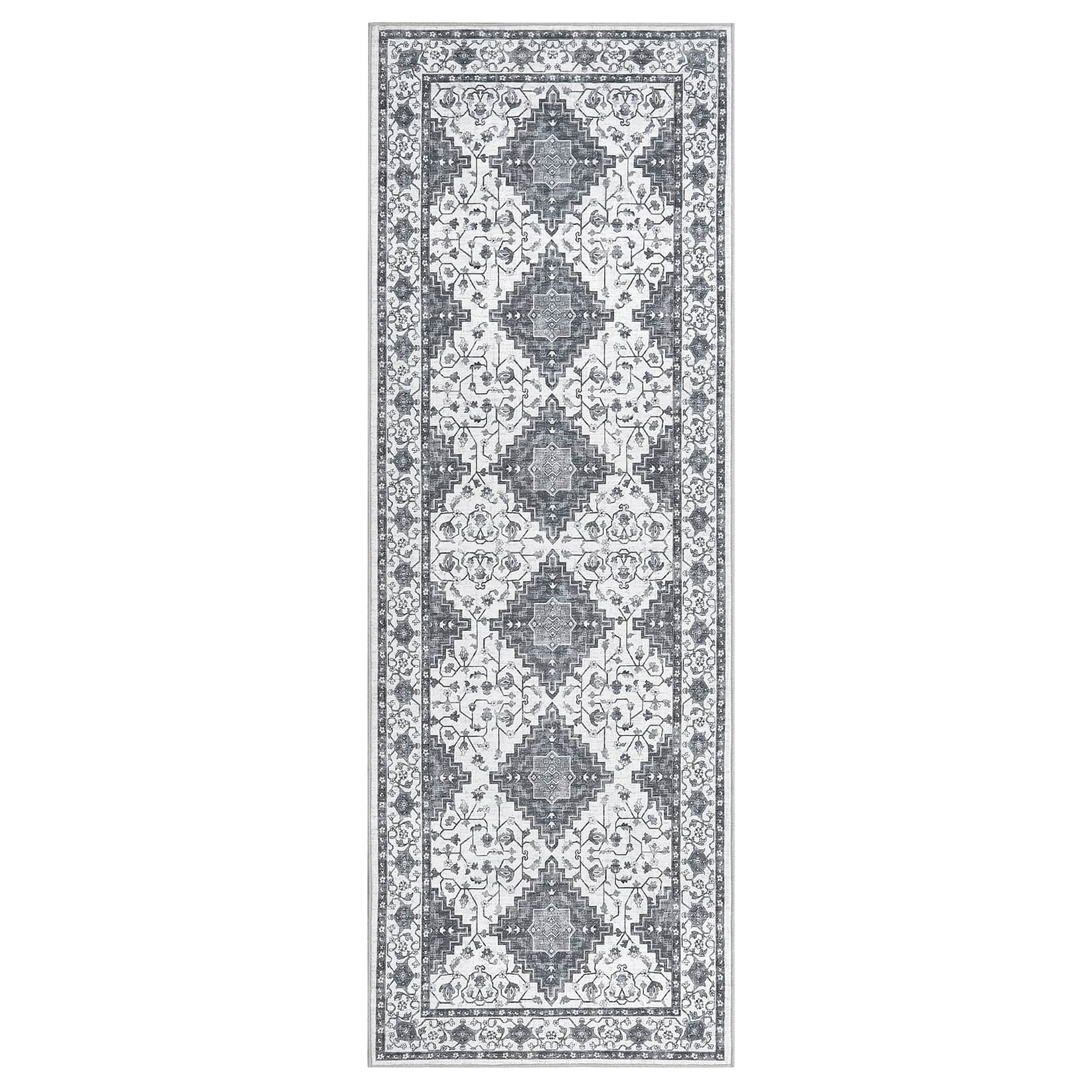 Qeetex LSN-PHO-16N2DOC3 2 x 6 ft Polyester Pearl Velvet Gray Rectangular Hallway Bathroom Entryway Kitchen Office Foldable Flower Printed Persian Washable Area Rug