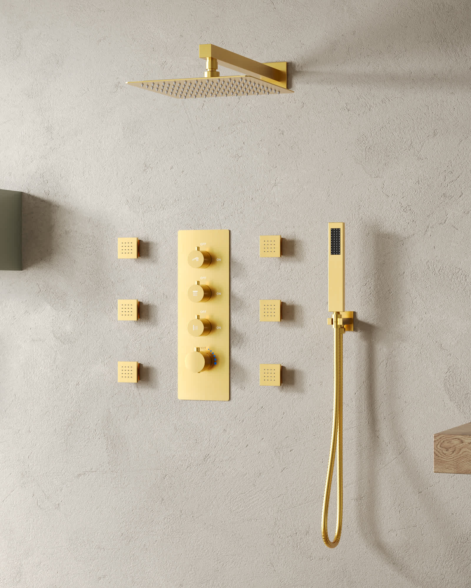 EVERSTEIN SFS1002-GD12 7-Spray Patterns Thermostatic 12 in. Wall Mount Dual Shower Heads with 6-Jet in Brushed Gold (Valve Included)