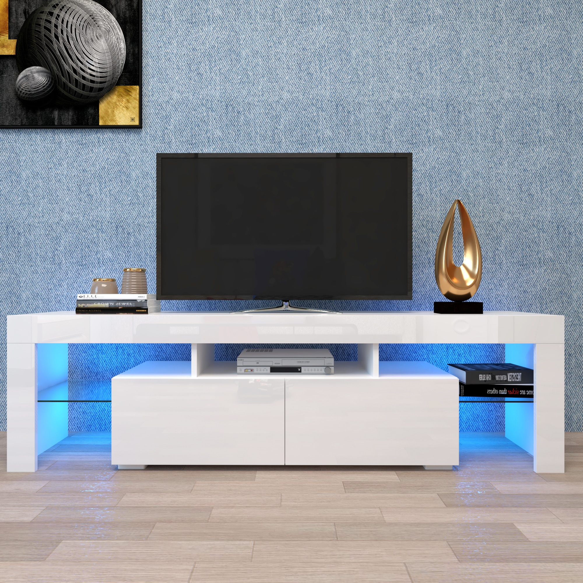 Tatayosi Z-33131188 Modern White TV Stand 20 Colors LED TV Stand w/Remote Control Lights