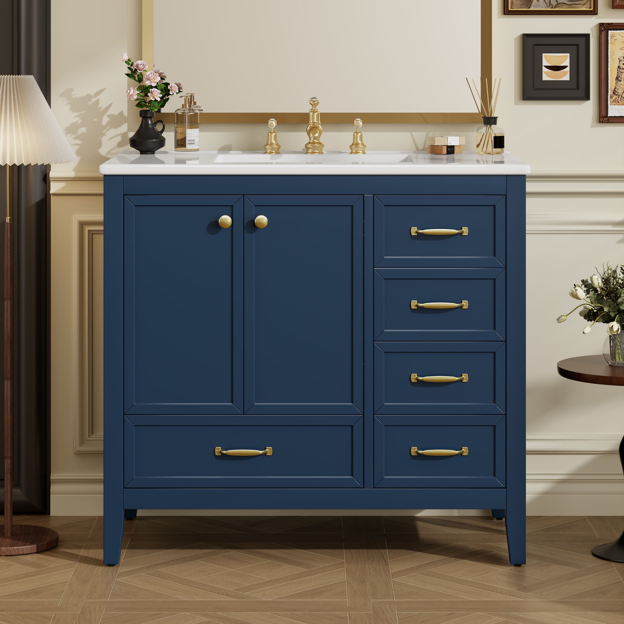 Misty Moon LW0406-NHBO-YSG-12 36 Inch Blue Bathroom Vanity with Sink Bathroom Cabinet with 4 Drawers of Different Sizes and Solid Wood Frame and Leg