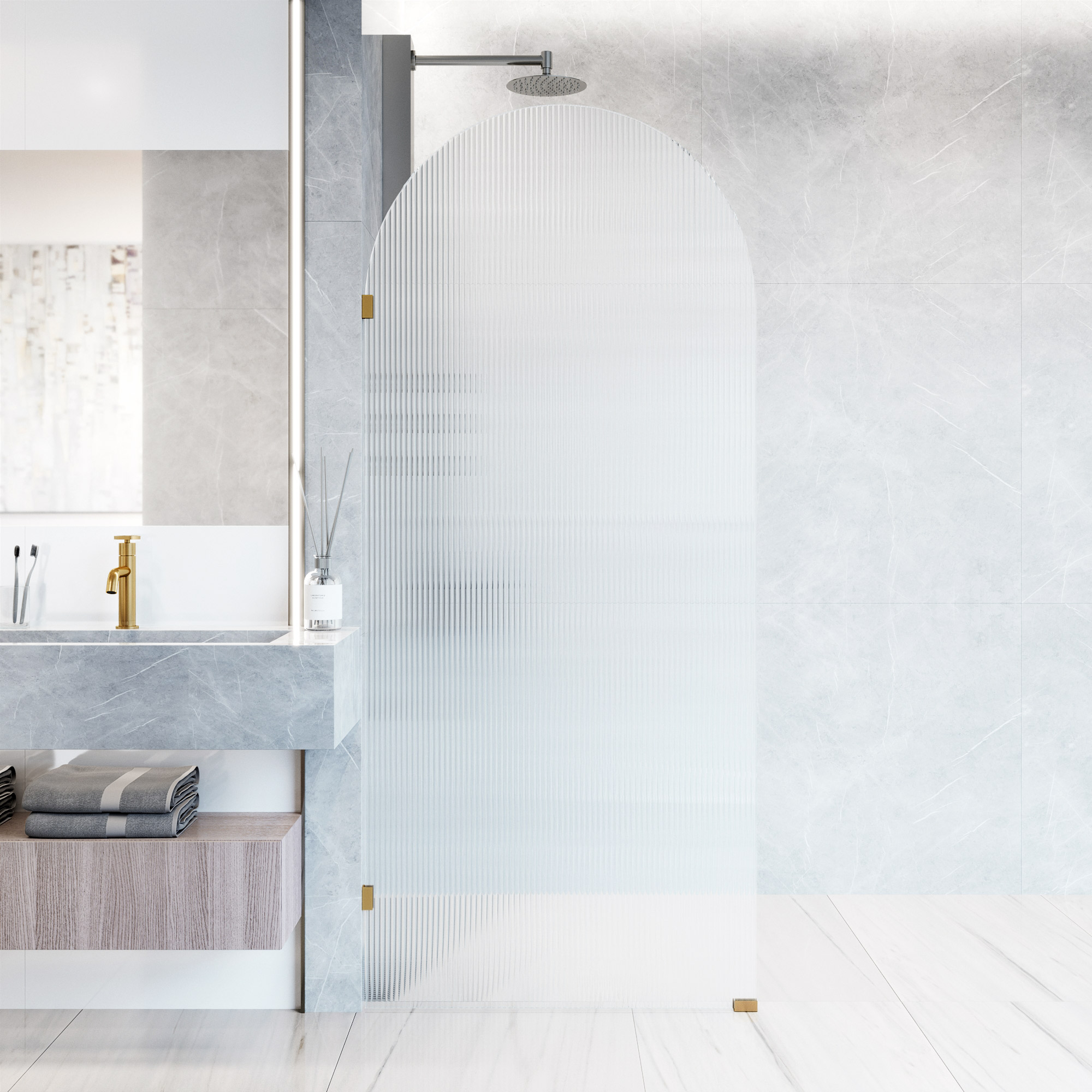 VIGO VG6094MGFL3478 Arden Matte Brushed Gold 34-in W x 78-in H Frameless Fixed Shower Door 3/8-in Thick Patterned Glass