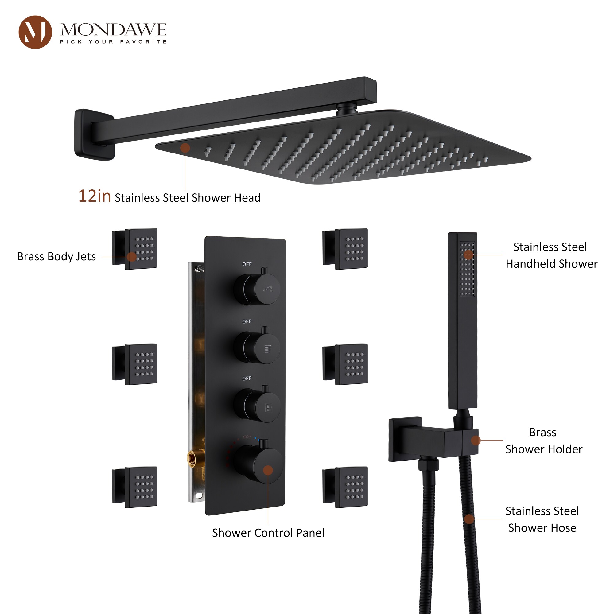 Mondawe WF6310-12BL-WM Showerhead-Bar-Panels - View #4