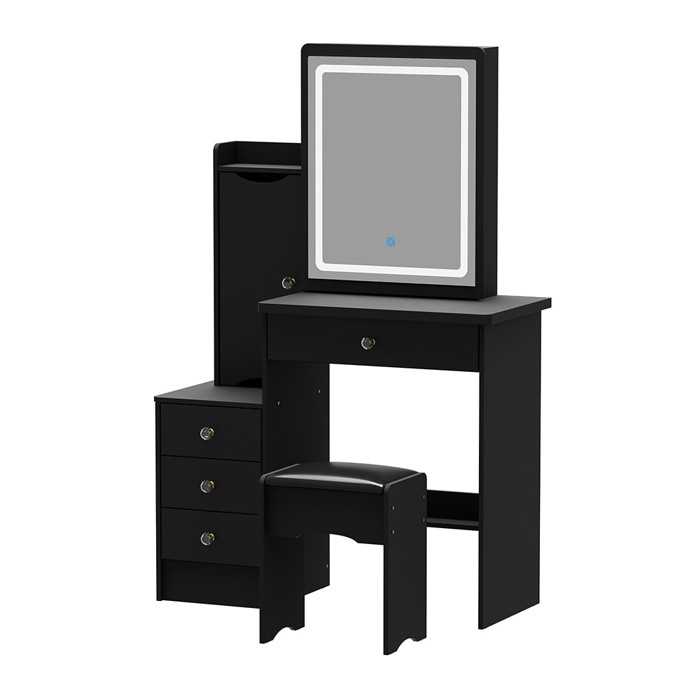  V-KF210096-05 Make up Vanity Desk with Sliding Mirror and Lights Vanity Set with Chair Storage Drawers Shelves and  Cushion Stool Makeup Dressing Table with Large Lighted Mirror