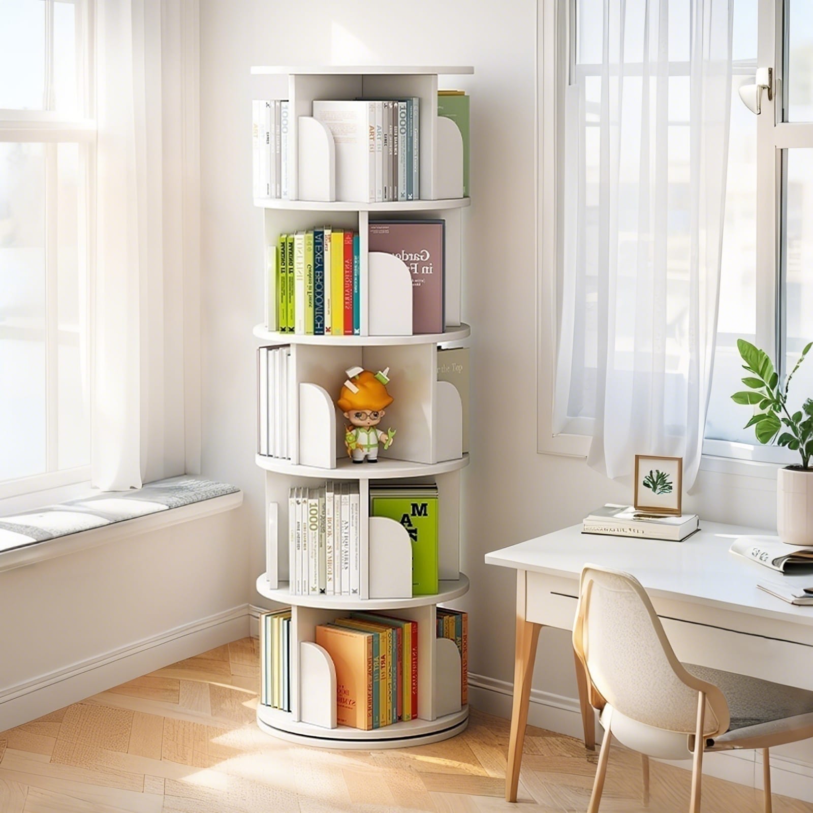 LOVMOR SF-Y-W3204P293743 5 Tier Rotating Bookshelf 360° Display Round Spinning Bookshelf Space Saving Small Space Rotating Bookshelf Tower for Bedroom Living Room Home Office Warm White