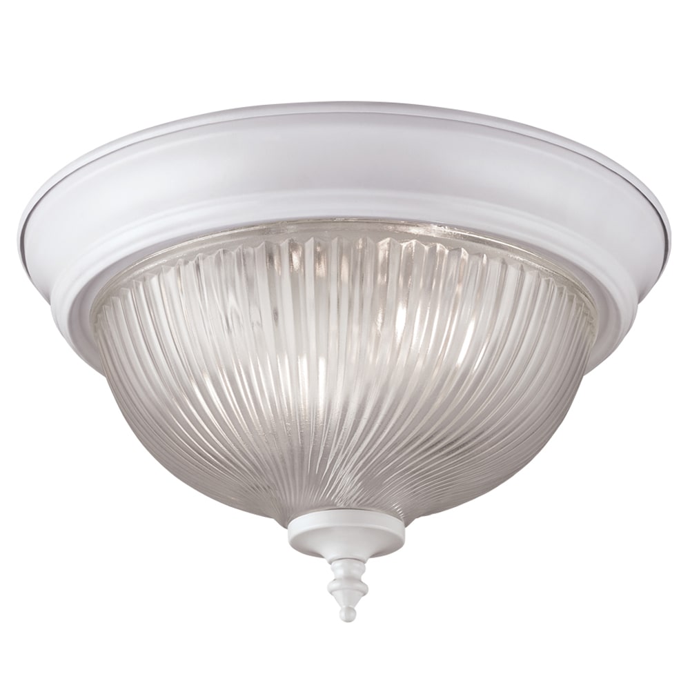 13 in. 2-Light White Indoor Flush Mount with Clear Ribbed Glass Bowl