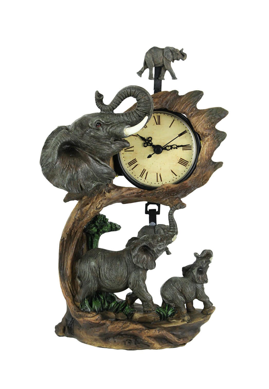 Things2Die4 65-PDJ-893 Elephant Family On Safari Hand Painted Table Pendulum Clock