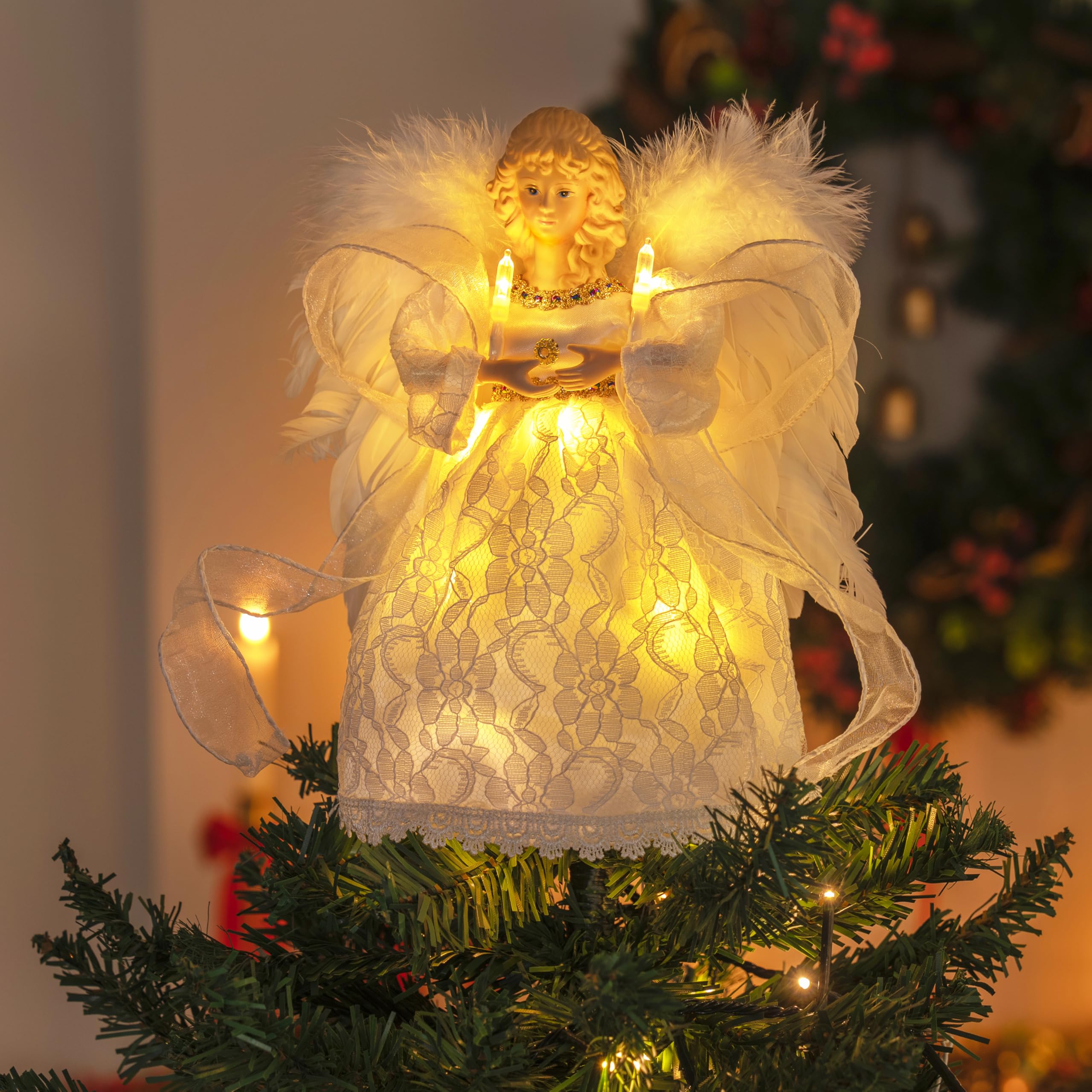 Joyfy 10 Light Up Christmas Tree Topper Battery Operated White Angel Treetop Lightweight Illuminated Ornament for Xmas New Year Family Indoor Home and Holiday Party Decorations