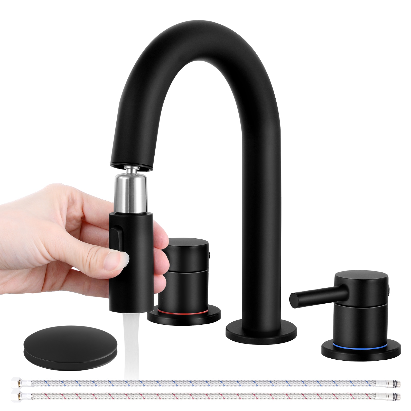 BOKETTO TPLT-012H-XS TPLT-012 Matte Black Widespread 2-handle Swivel Commercial/Residential Handle Pull-down Bathroom Sink Faucet with Drain