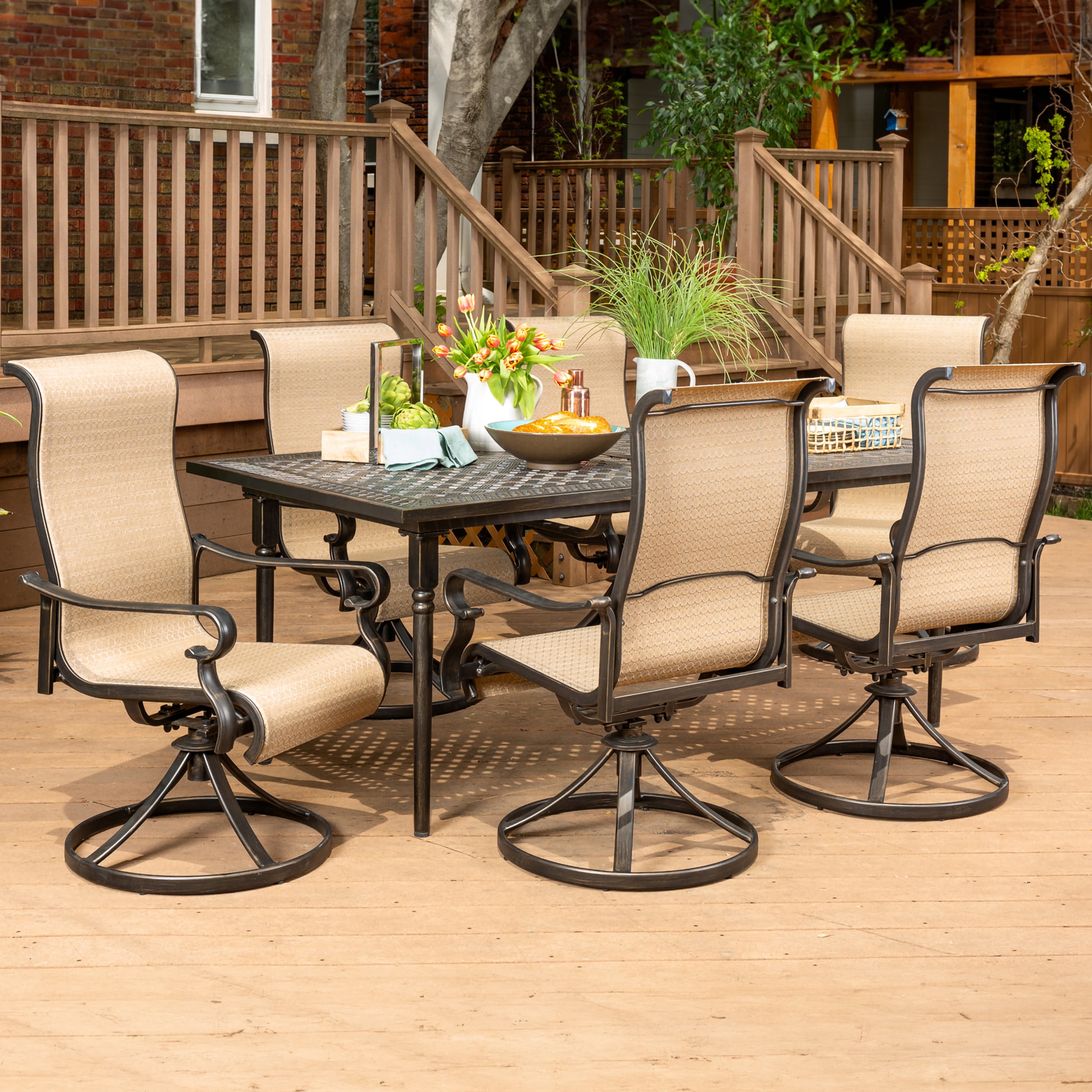 Hanover BRIGDN7PCSW6-EX Brigantine 7 -Piece Espresso Bean Patio Dining Set Extendable Table Aluminum Rectangle Table with 6 Tan Swivel Rocker Chairs