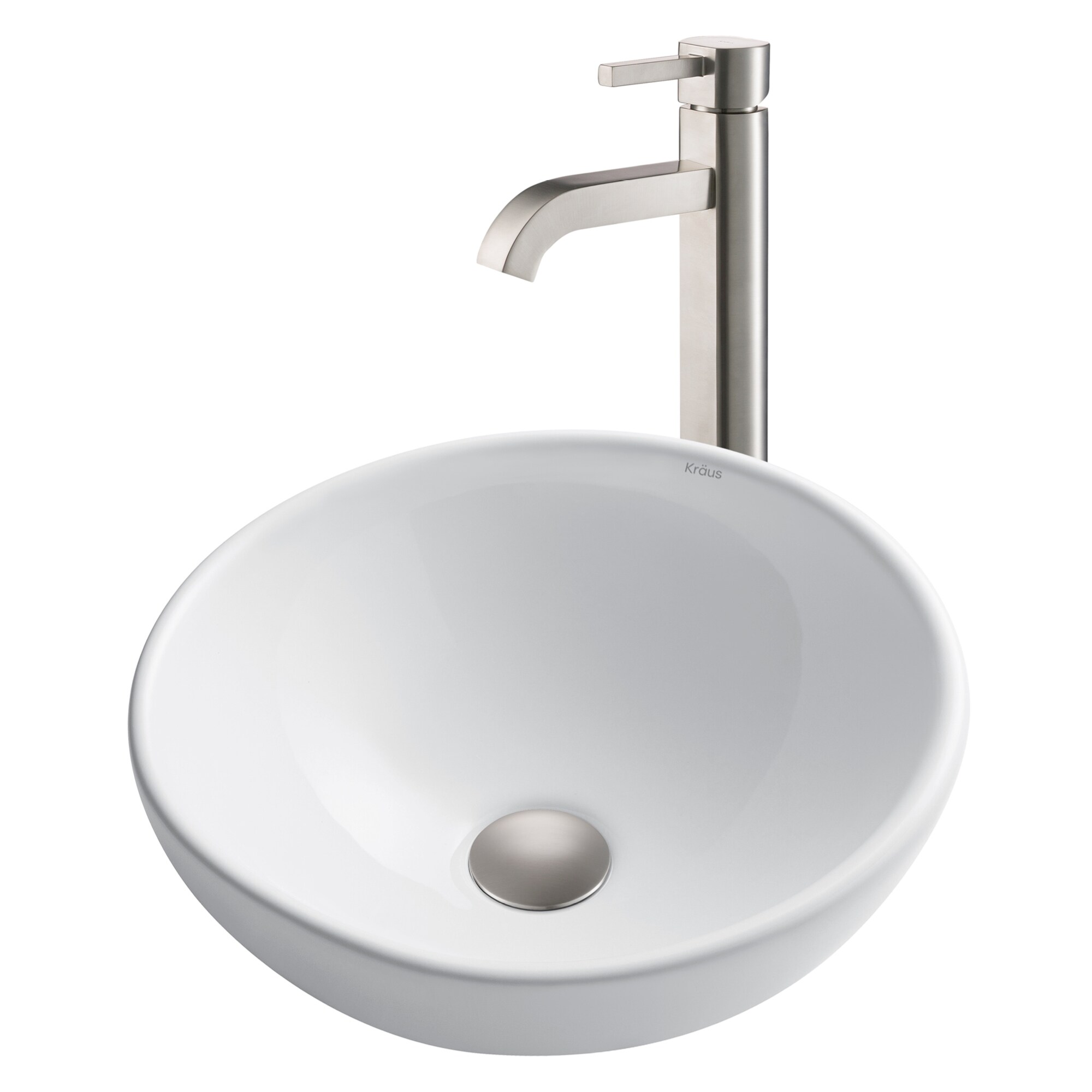 Kraus Satin Nickel Ceramic Vessel Round Modern Bathroom Sink with ...