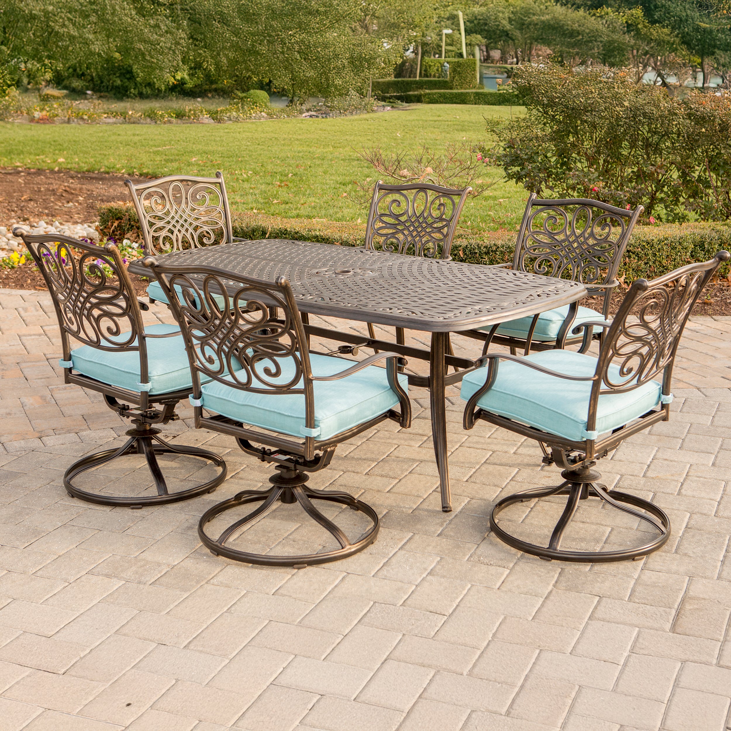 Bronze Aluminum Outdoor Dining Set with Blue Cushions