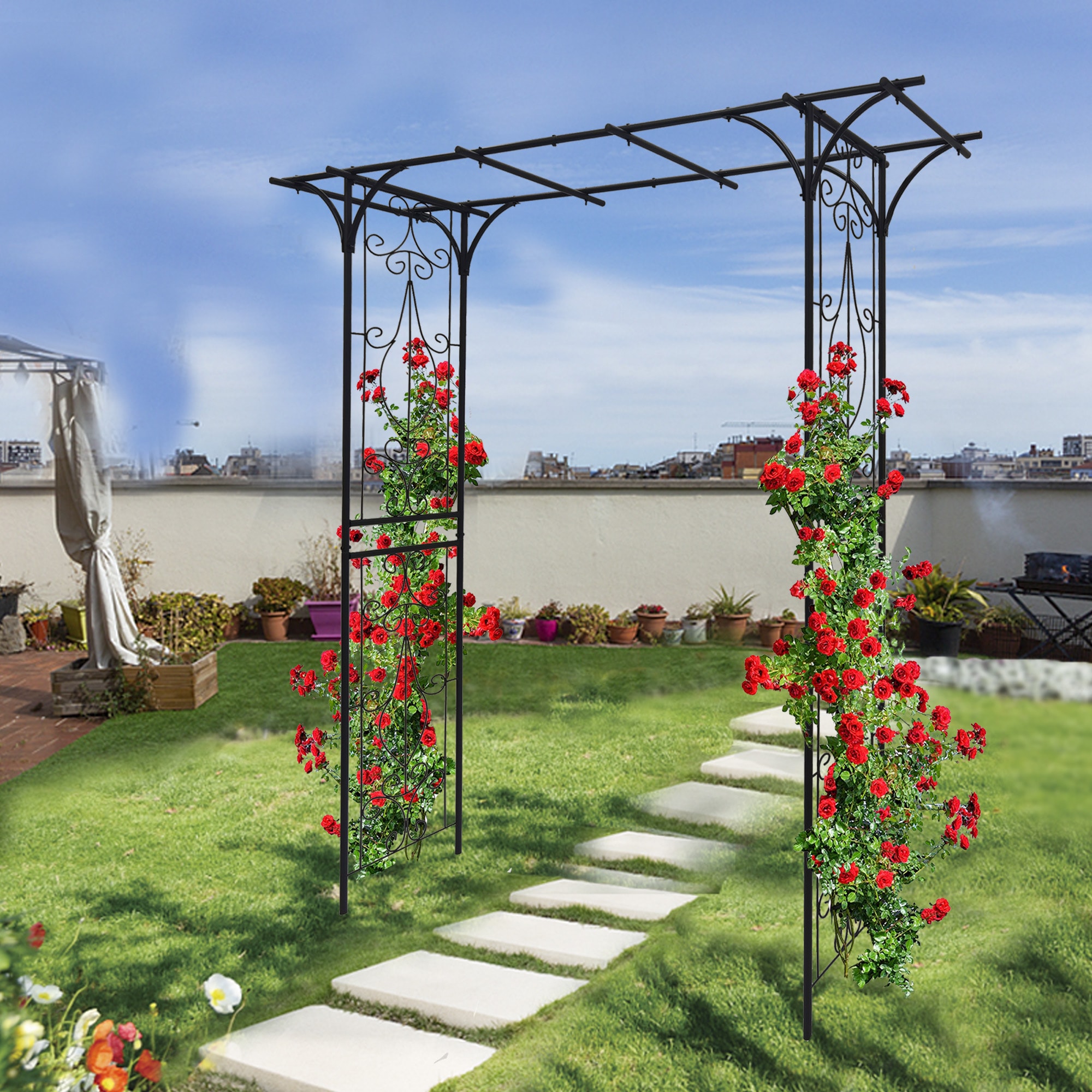 AHIOU HOME Detroit 6.7-ft W X 6.8-ft H Black Garden Arbor In The Garden ...