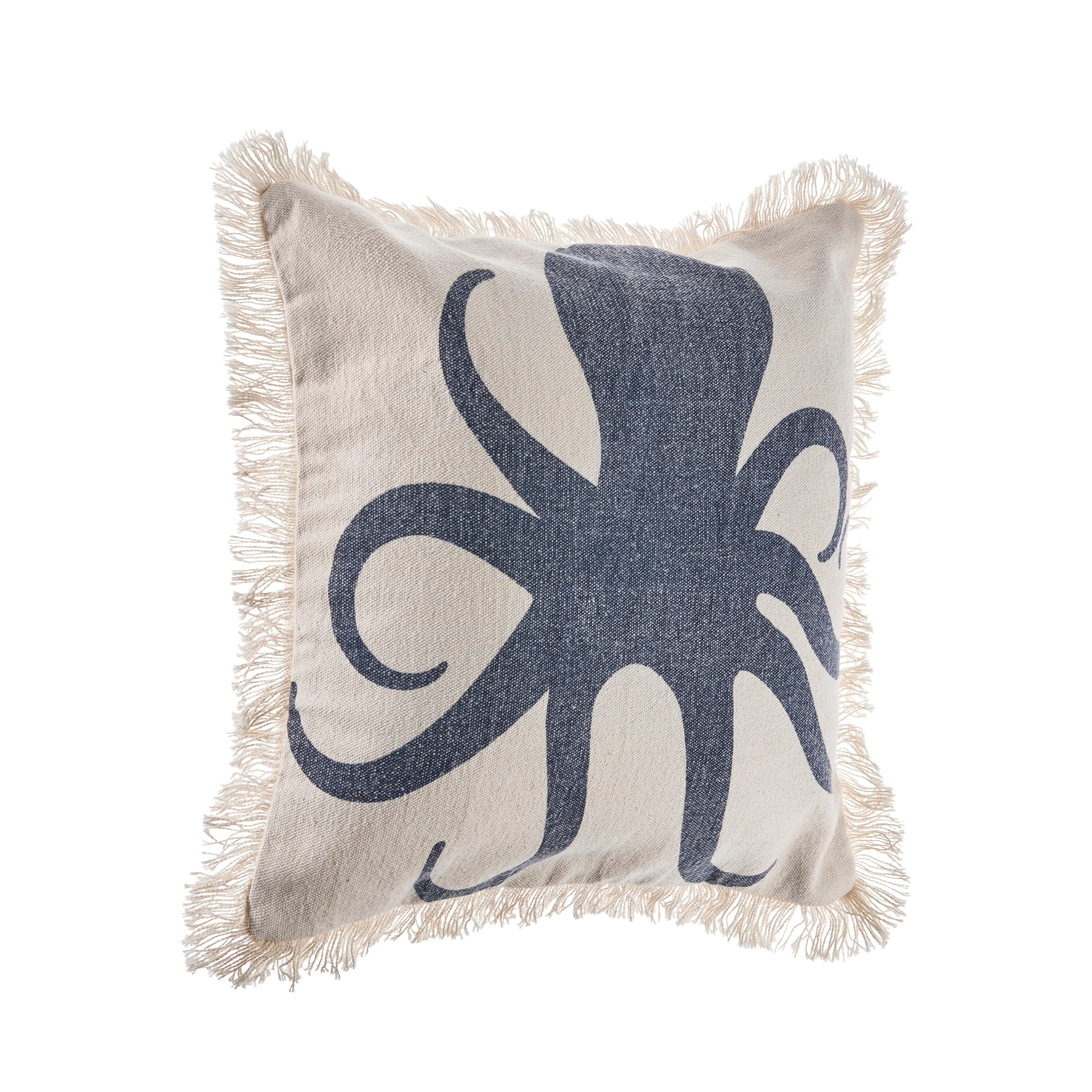 Coastal Blue Octopus Fringed Square Cotton Pillow