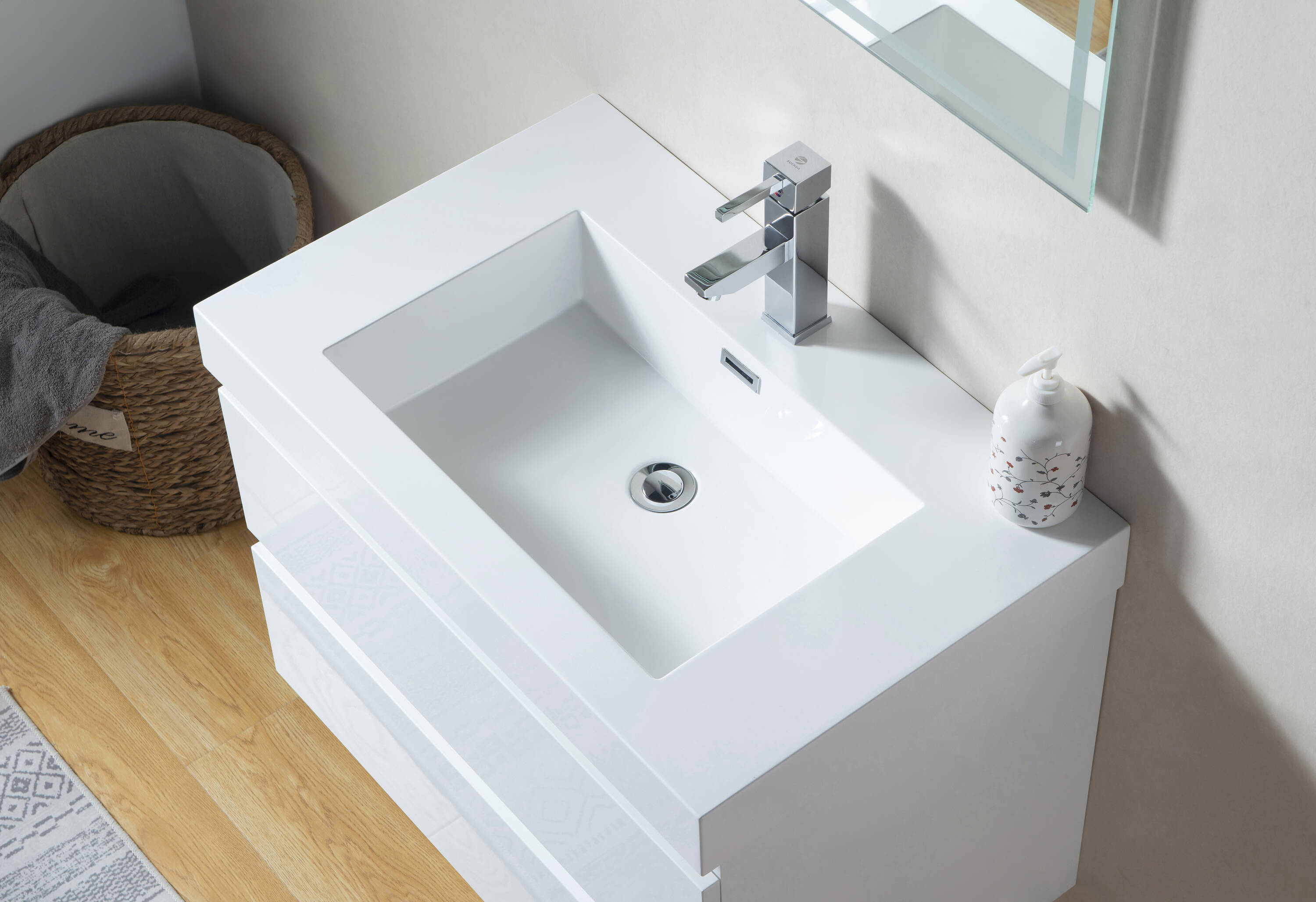 Glossy White Wall-Mount Single Sink Bathroom Vanity with Resin Top