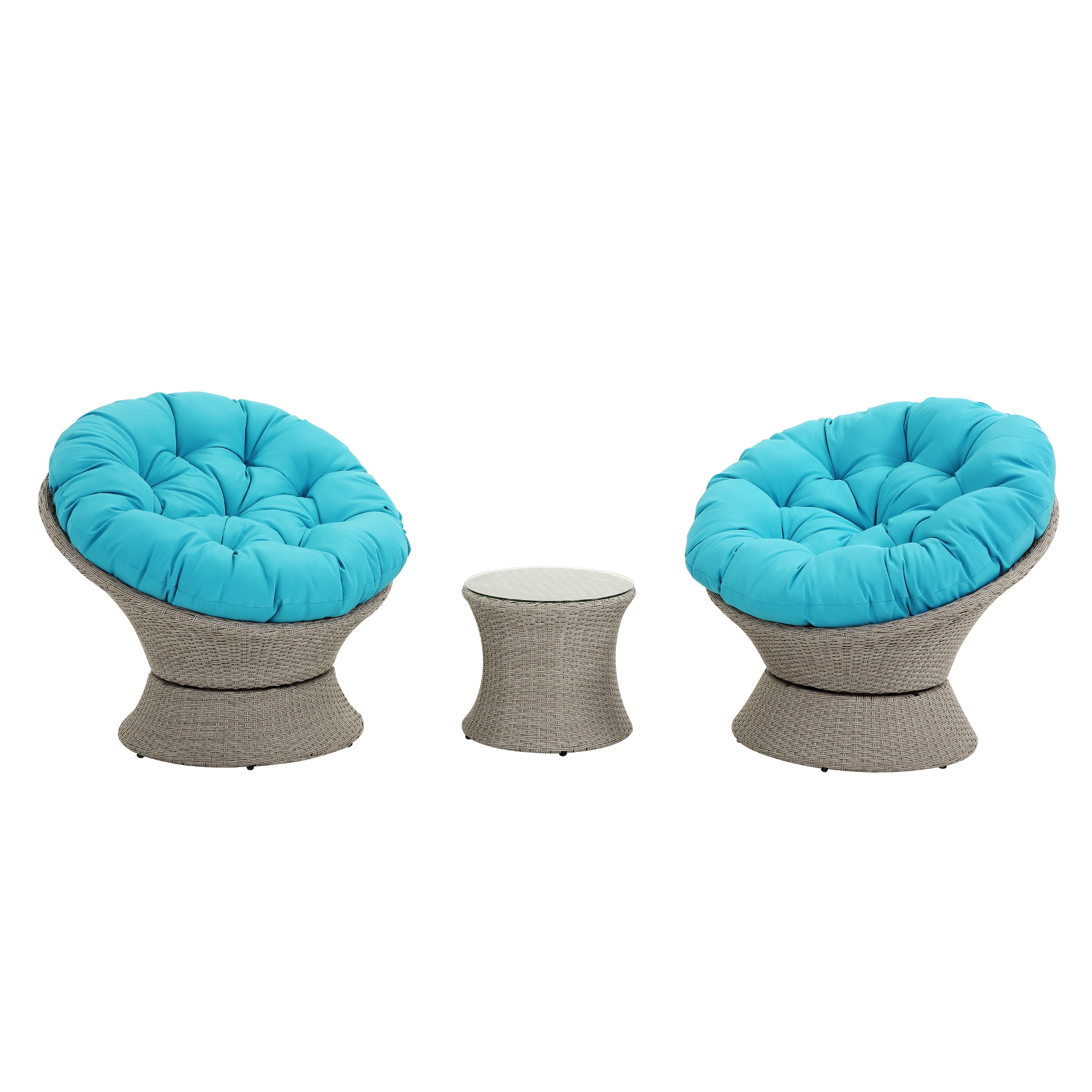 FOREST HOME FRQ07-RD 3 Wicker Brown Rattan Frame Swivel Conversation Chair with Blue Cushioned Seat