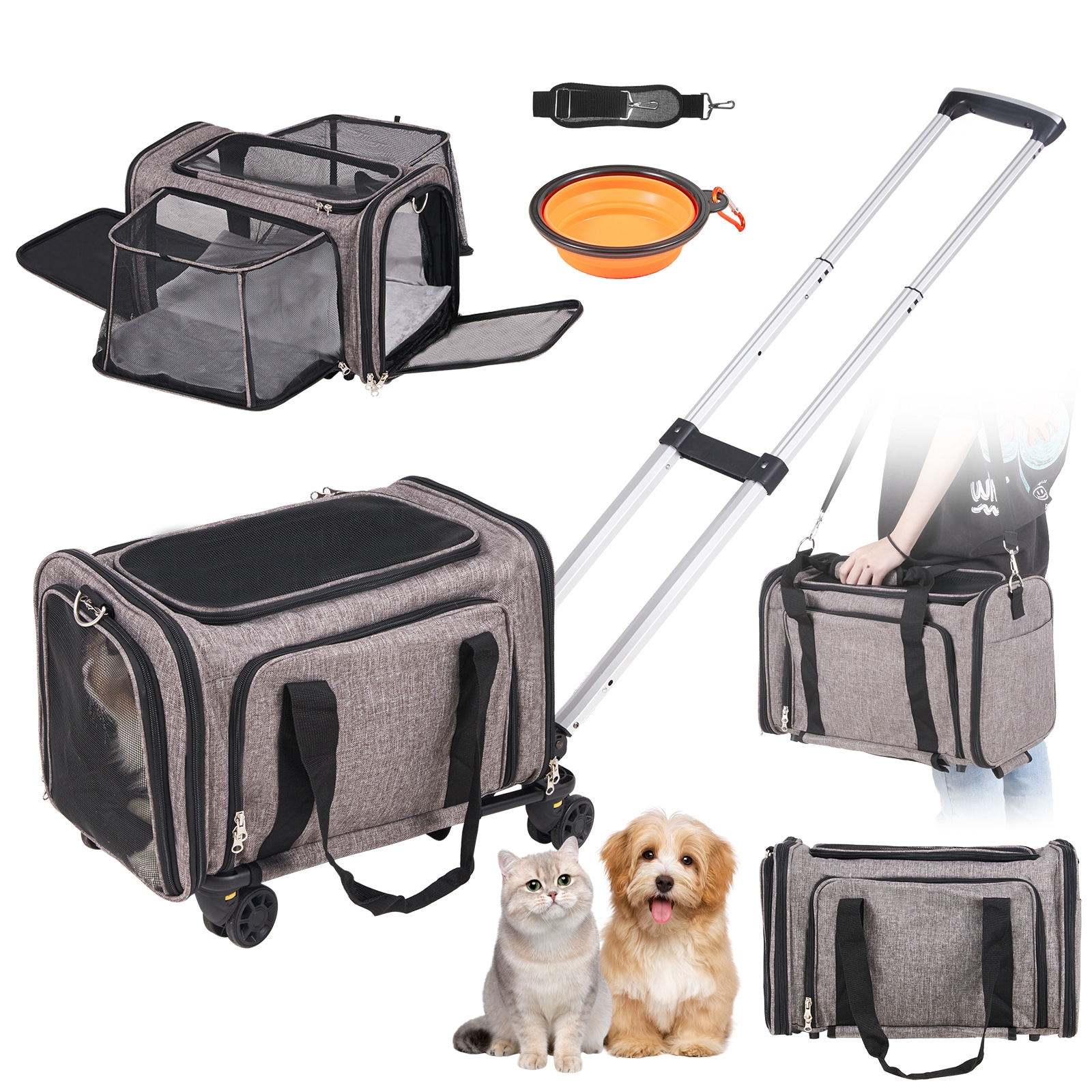 VEVOR SCCWLGXHS25L02078V0 Cat Carrier with Wheels  Airline Approved Rolling Pet Carrier with Telescopic Handle and Shoulder Strap  Dog Carrier with Wheels for Pets under 25 lbs  with 1 Folding Bowl  Grey