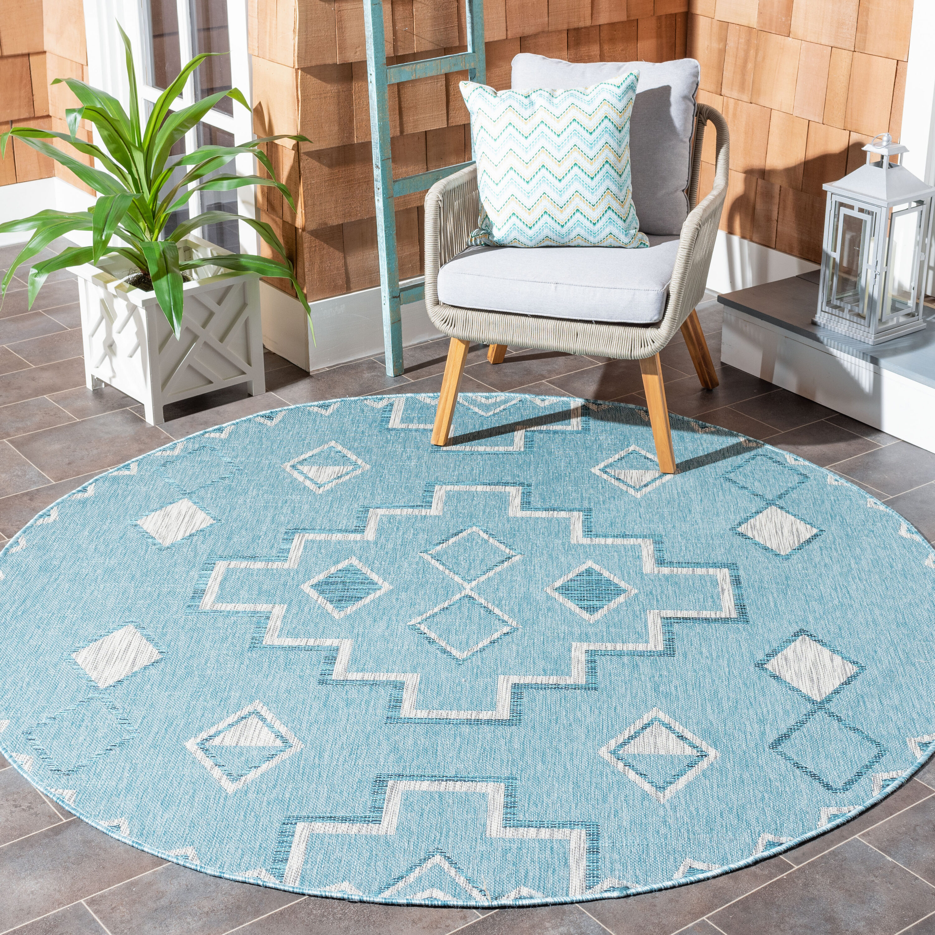 Safavieh CY8533-37121-7R Courtyard Tahoe 7 x 7 (ft) Loomed Polypropylene Aqua/Gray Round Indoor/Outdoor Geometric Coastal Area rug