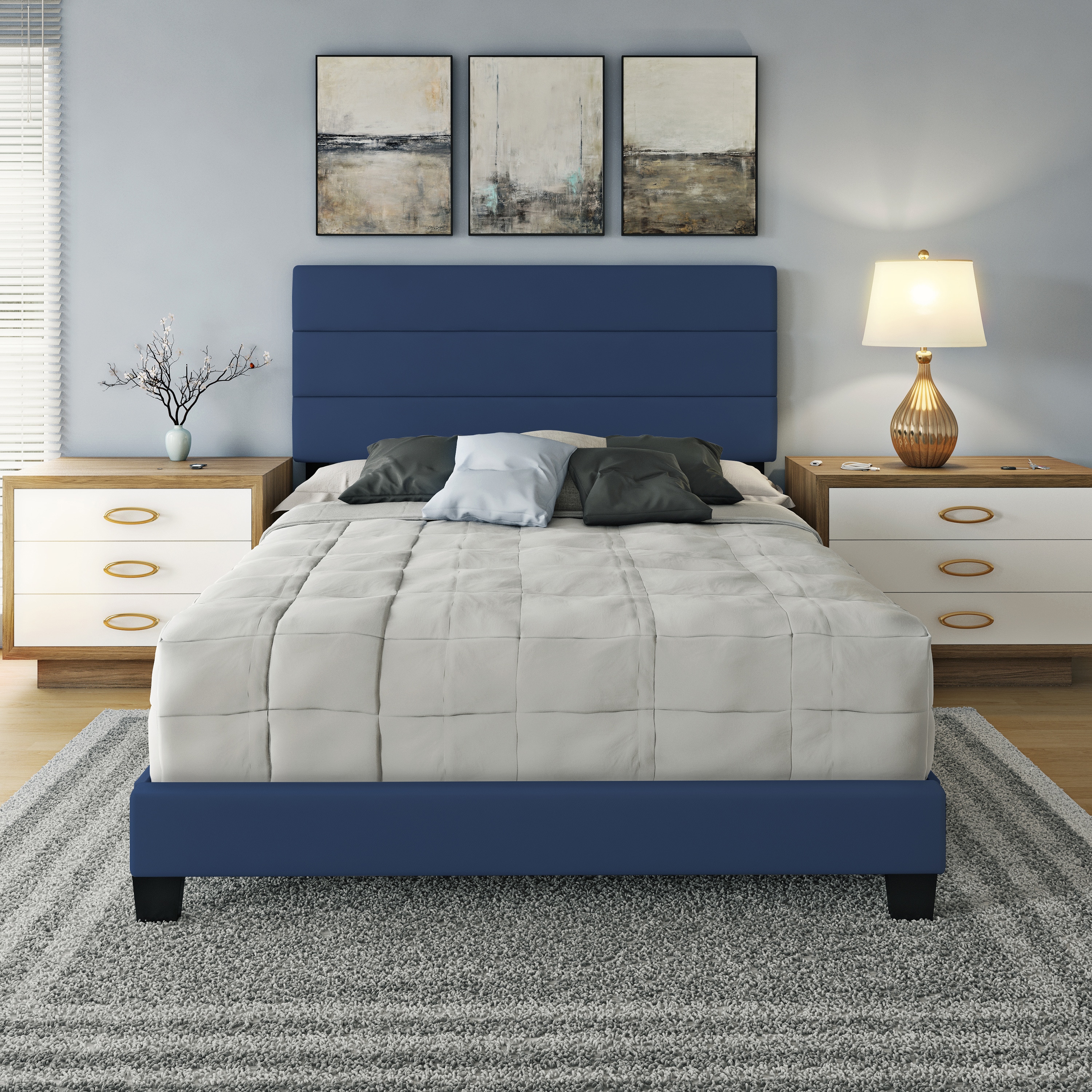 Boyd Sleep HC983402 Piedmont Leatherette Upholstered Tri-Panel Headboard Platform Bed Frame- Strong Wood Slat Support System- No Box Spring Required