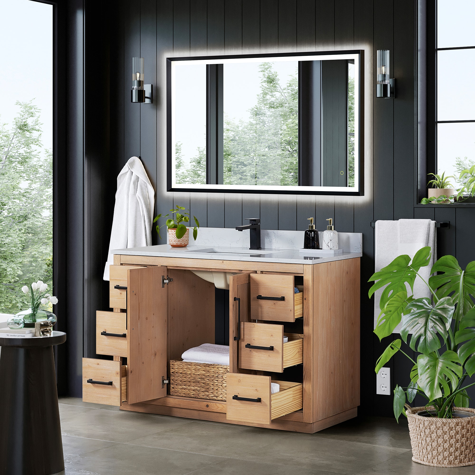 Cicero 48" Light Brown Fir Wood Vanity with White Stone Top and Mirror