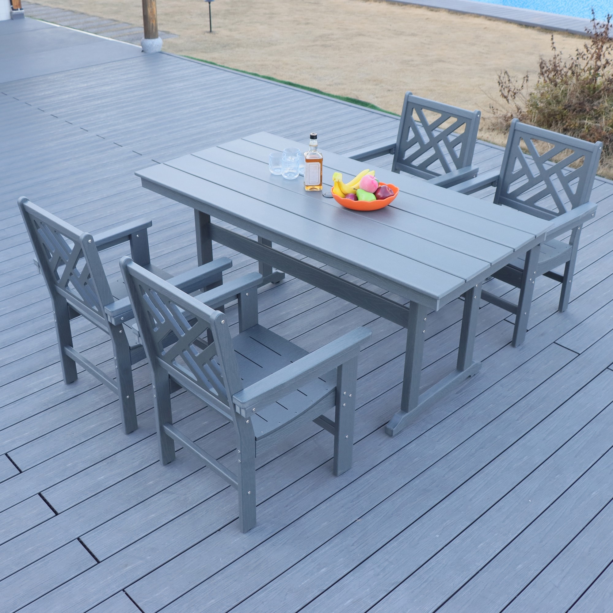 Mondawe MO-501PGY 5 -Piece Gray Patio Dining Set Resin Rectangle Table with 4 Stationary and Motion Chairs
