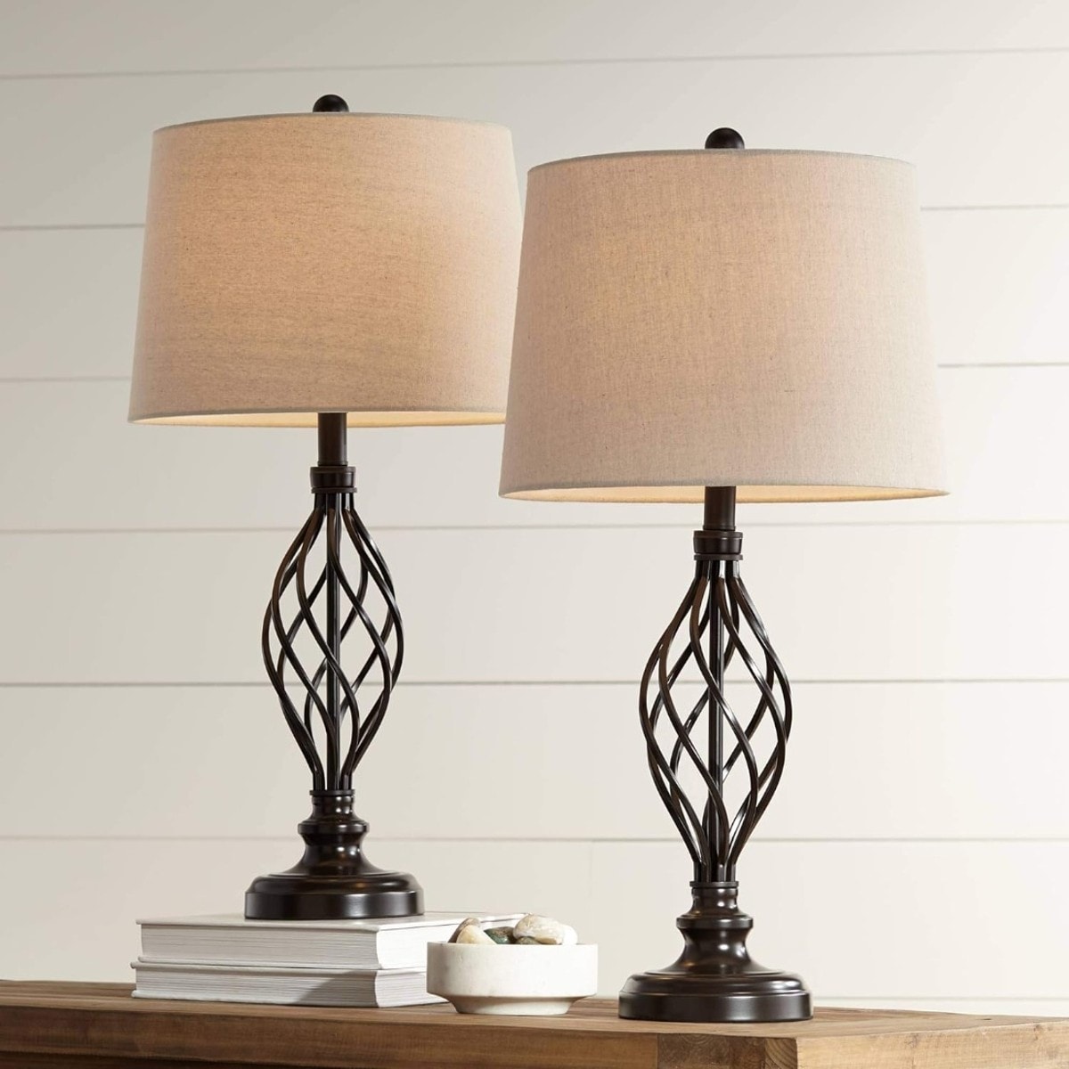 Pacrigo -  Set of 2 Bronze Metal Table Lamps 28 Inch Tall with Cream Drum Shade for Living Room B...