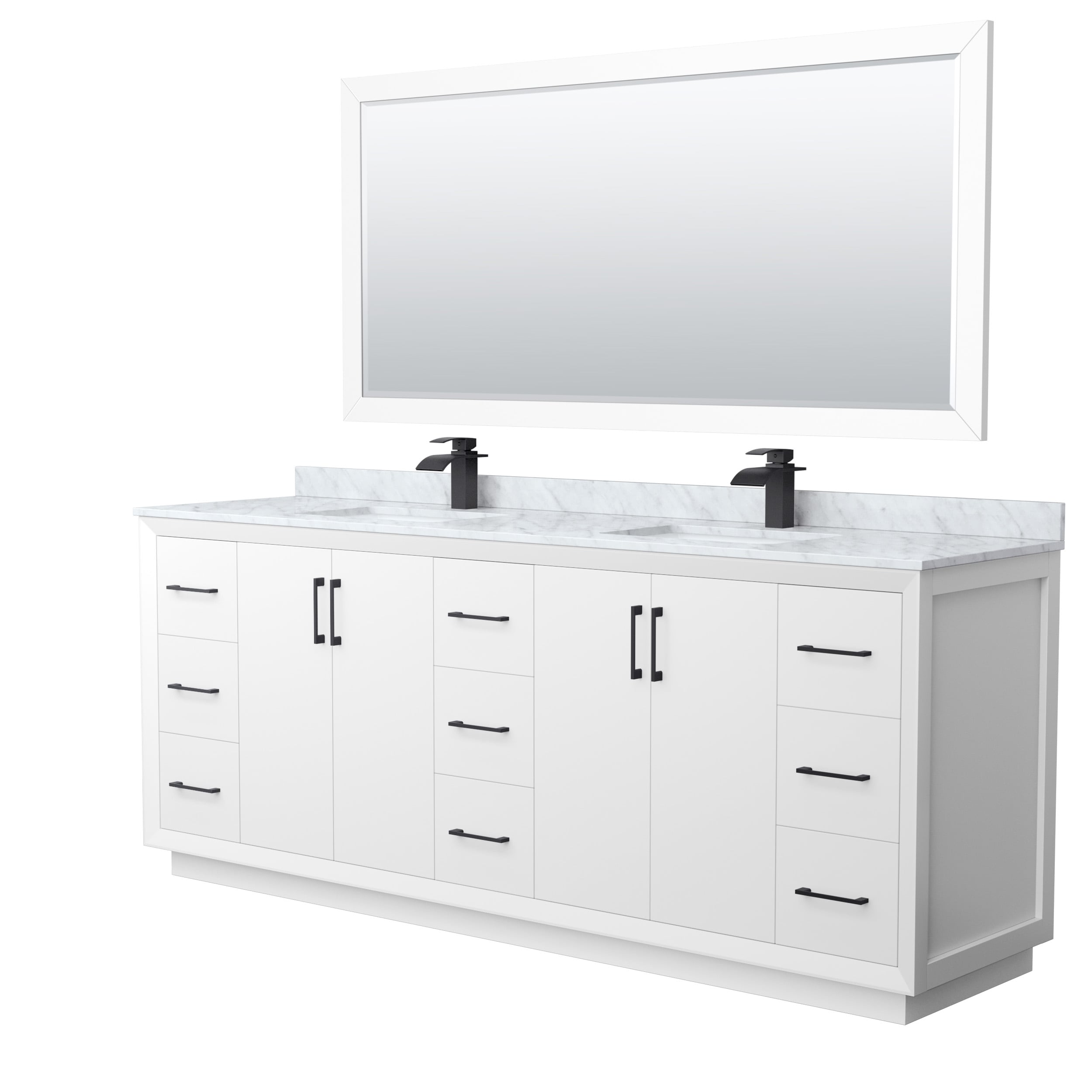 Wyndham Collection WCF414184DWBCMUNSM70 Strada 84-in White with Matte Black Trim Undermount Double sink Bathroom Vanity with White Carrara marble Natural marble Top (Mirror Included)