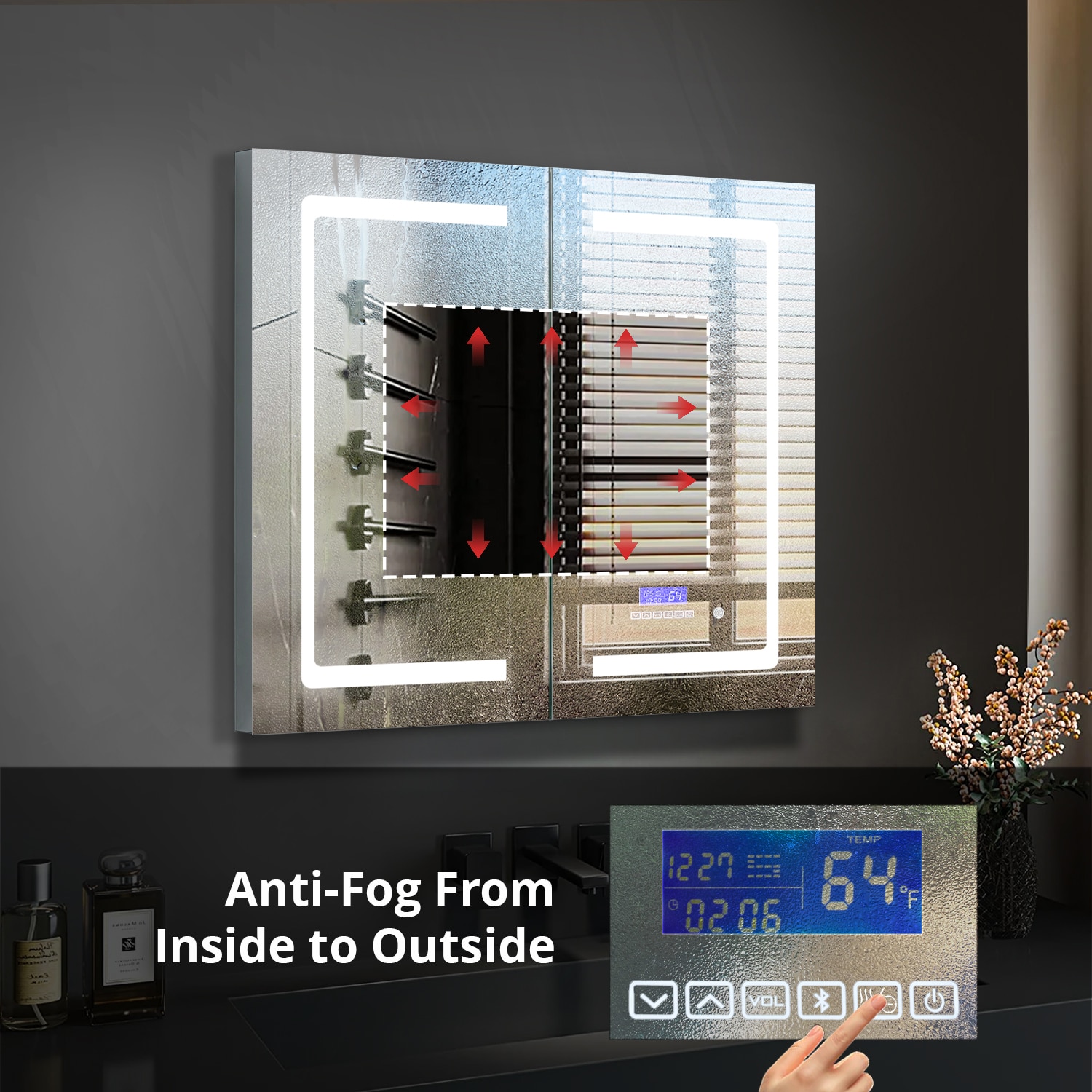 Lexora Bracciano 36-in x 36-in Lighted LED Fog Free Surface Mount Gray Mirrored Soft Close Medicine Cabinet