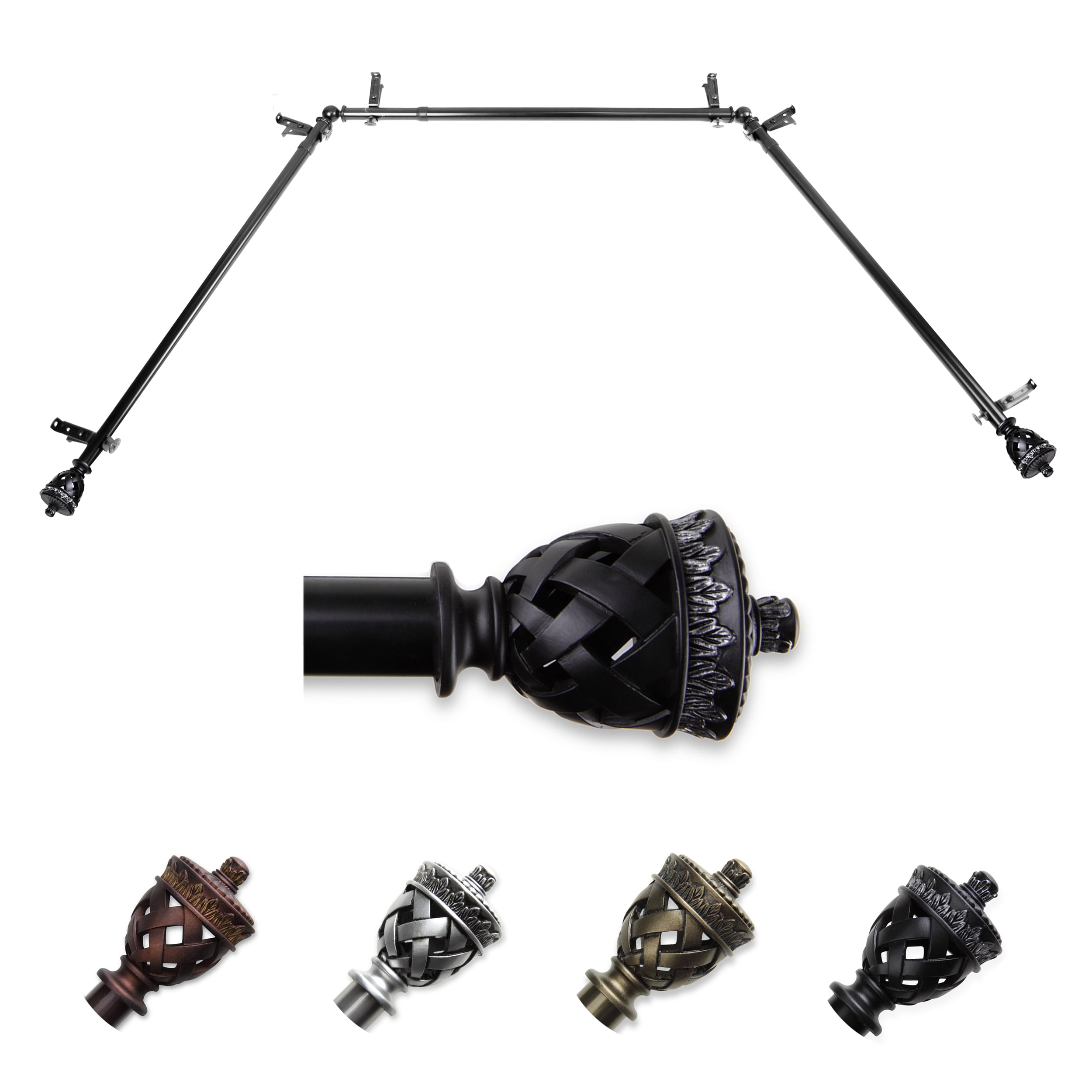 Hart & Harlow L-ABAY-94-2 Pia 13/16-in Bay Black Steel Bay window curtain rod with Finials