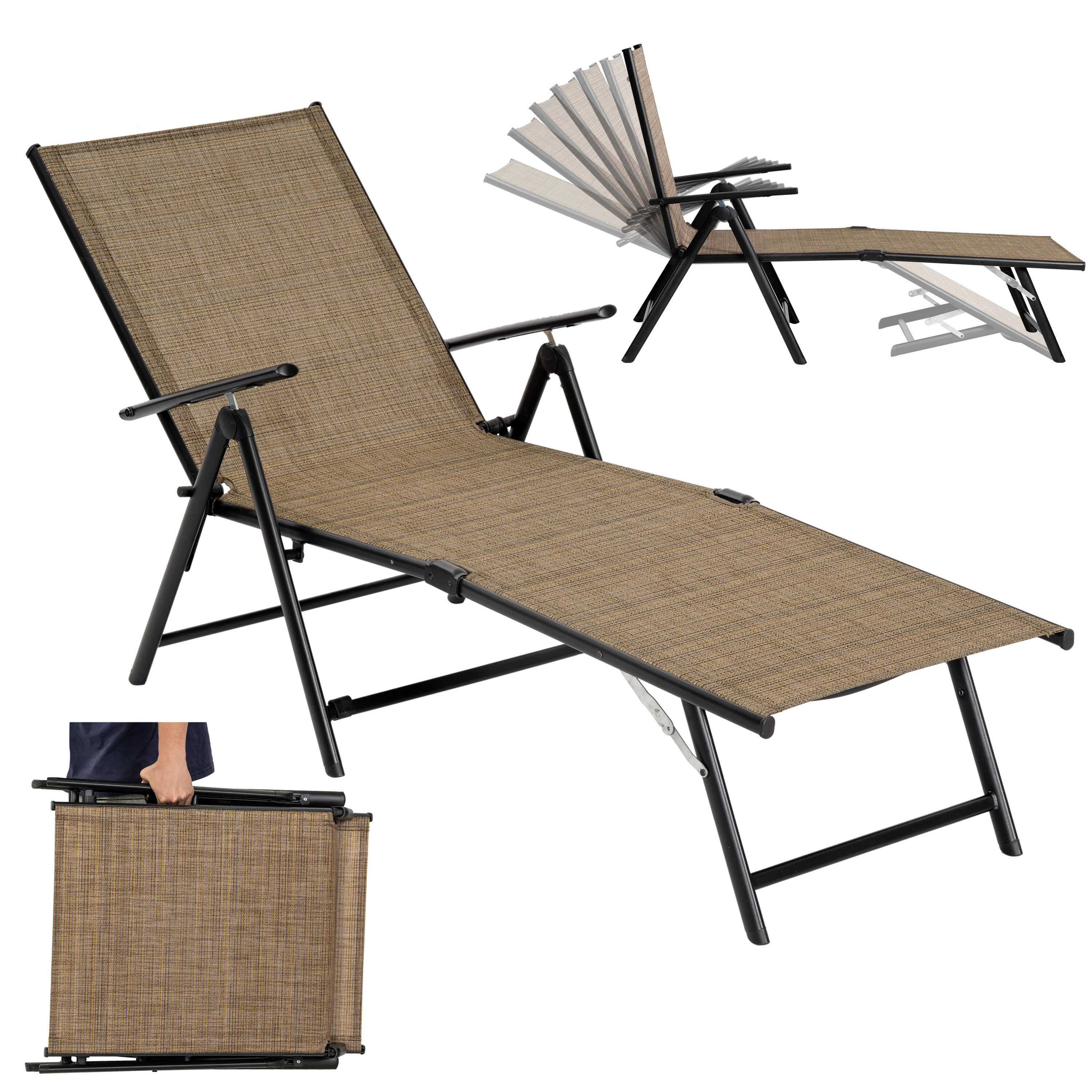 Nuu Garden - Lounge Chair Black Iron Frame Stationary Chaise Lounge Chair with Brown Woven Seat