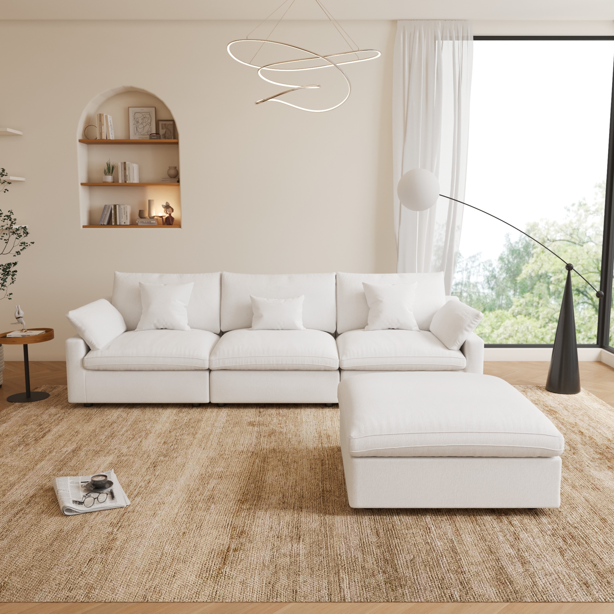 BuotiqHom DH-S3+1-140WE 119-in Modern White Linen 4 -seater Sectional