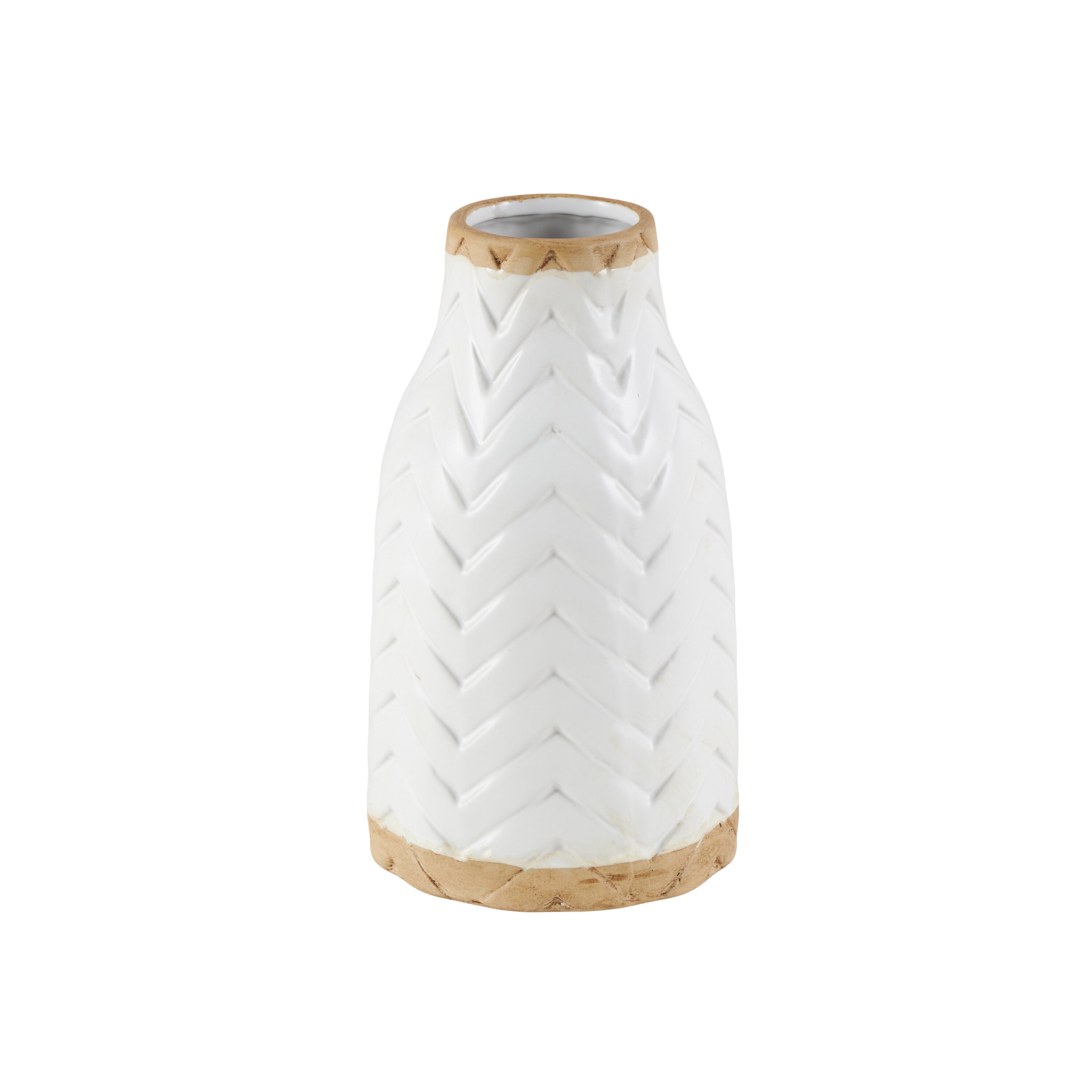 White Chevron Pattern Ceramic Vase with Brown Base, 12"