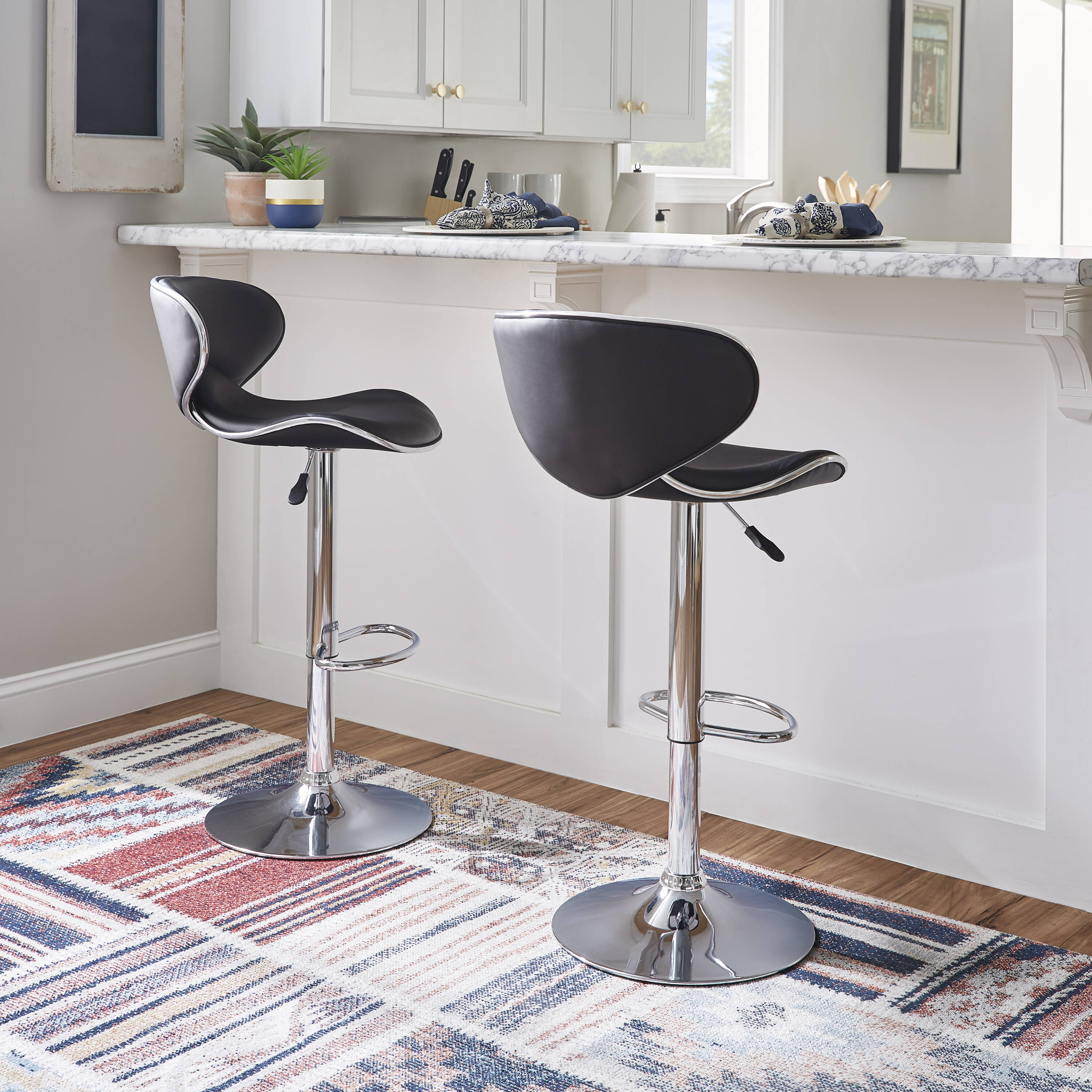 Adjustable Swivel Bar Stool in Black Faux Leather and Chrome