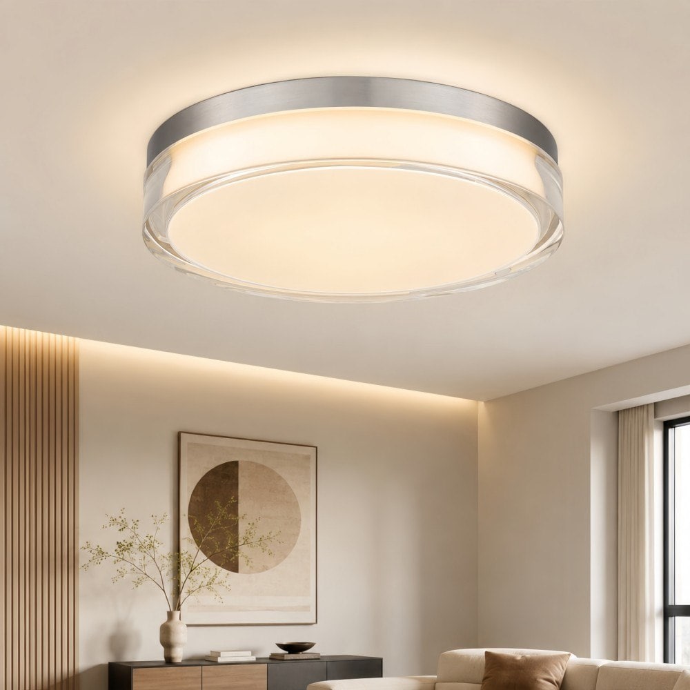 Basdien 12 in Chrome Modern Integrated LED Flush Mount Ceiling Light Fixture 3 Color Temperature Dimmable 1800 Lumens 24W Energy Efficient Acrylic Diffuser Kitchen Bedroom Hallway Living Room Foyer Closets Easy Fast Install Damp Location Rated