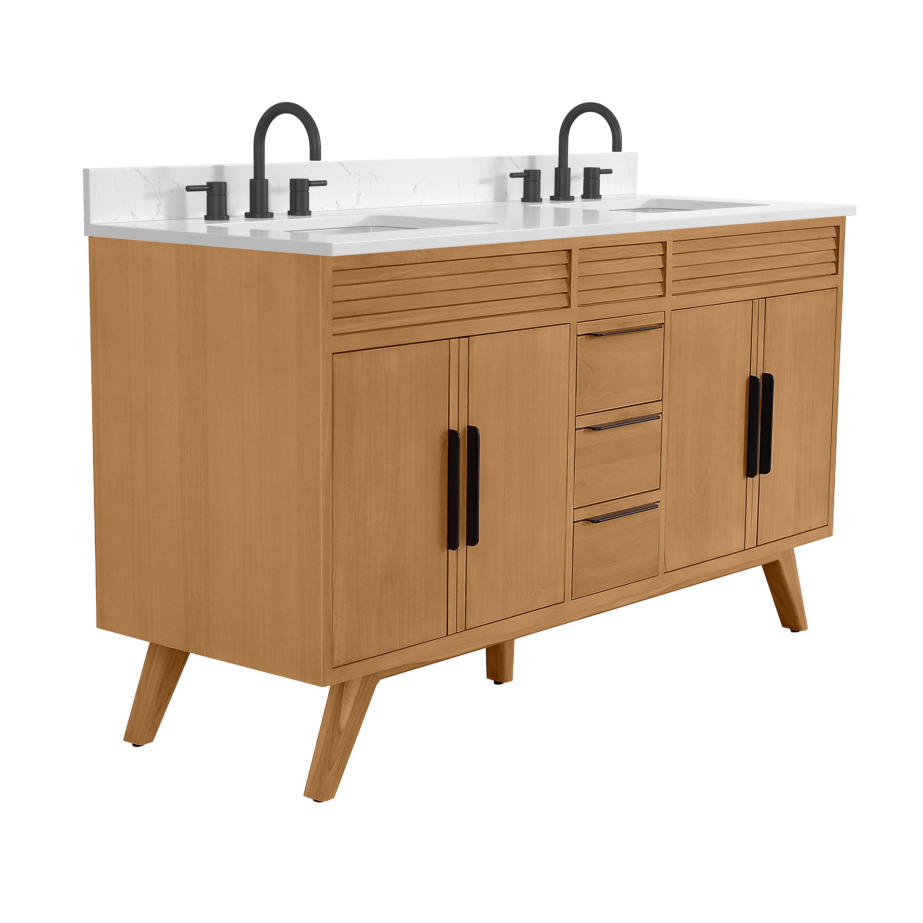 Taylor 61" Natural Teak Double Sink Vanity with White Stone Top