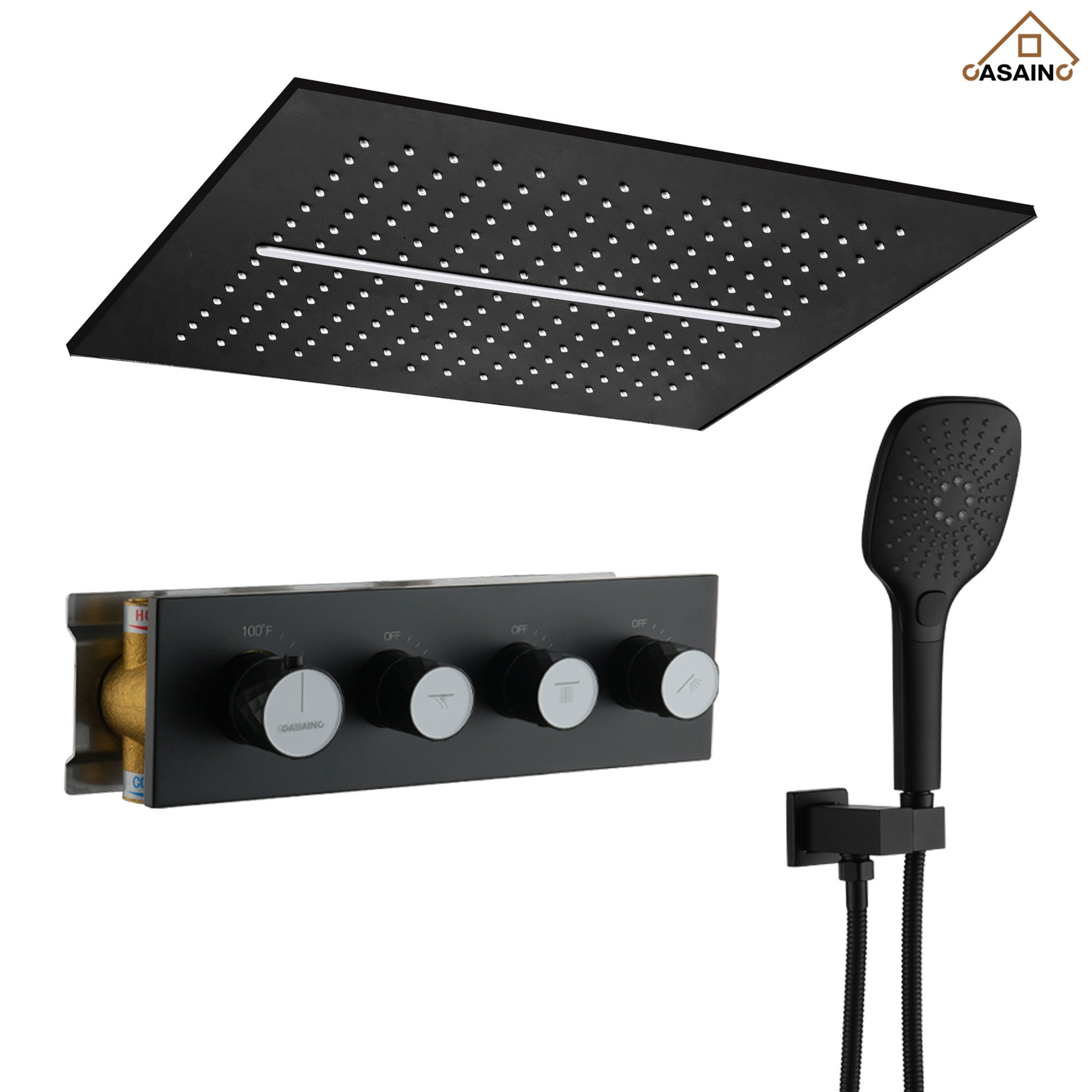 CASAINC KCHS0001-16MB Matte Black 16-in Waterfall Built-In Shower Faucet System with 3-way Diverter ( Thermostatic Valve Included )