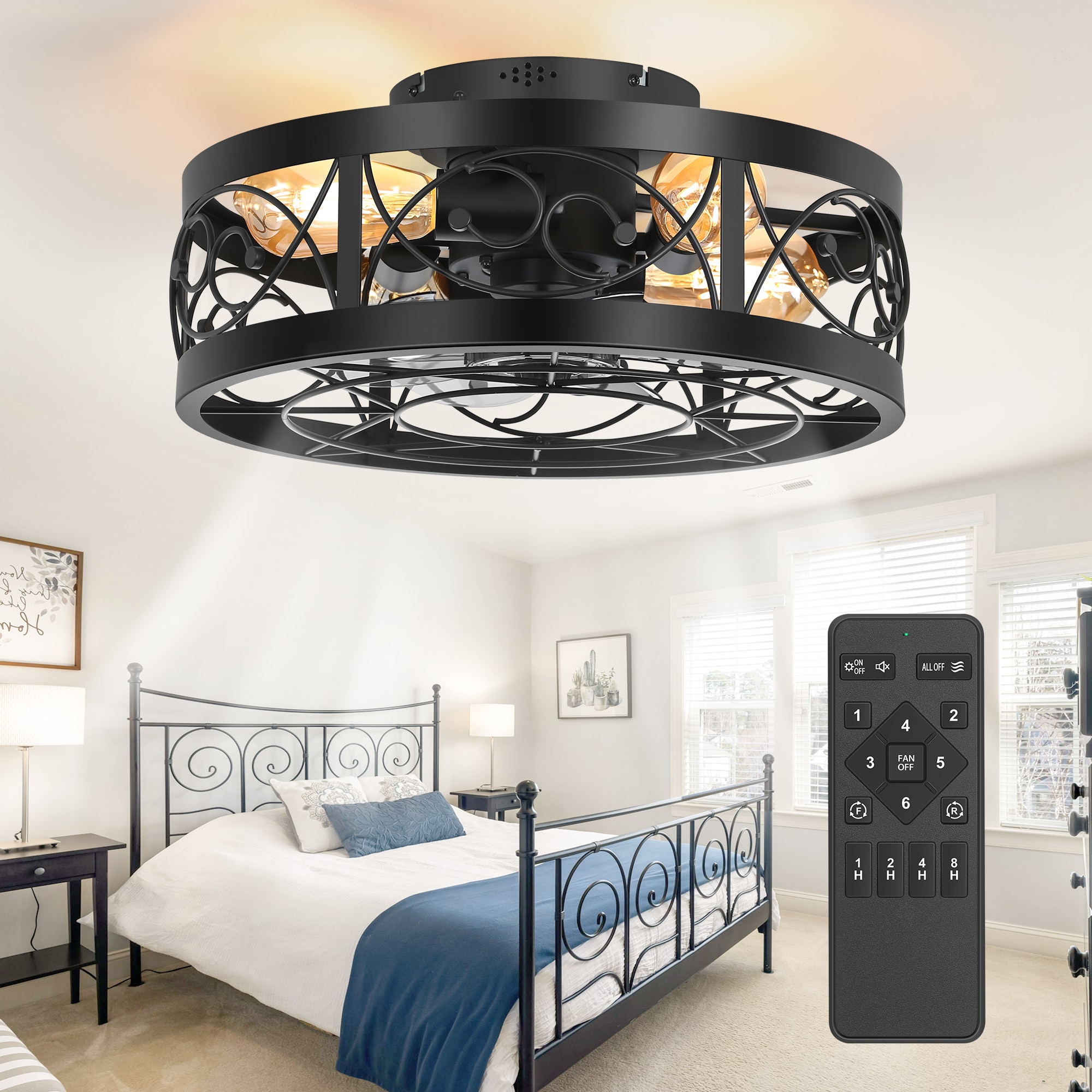 Breezary 35009-BK 17-in Flush Mount Matte Black with Gray Blades Fandelier Ceiling Fan With Light - Remote Included ( 7 -Blade )