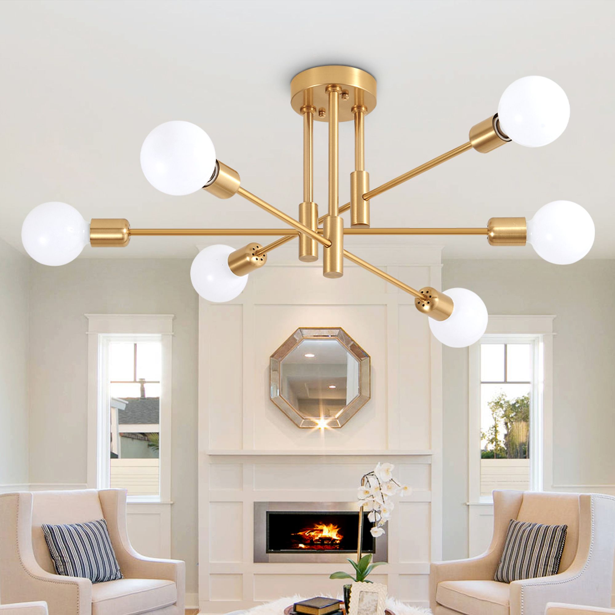 Lanmate  6-Light Gold Modern Sputnik Chandelier Branch Ceiling Fixture For Living Room Kitchen Bedroom Dining Room