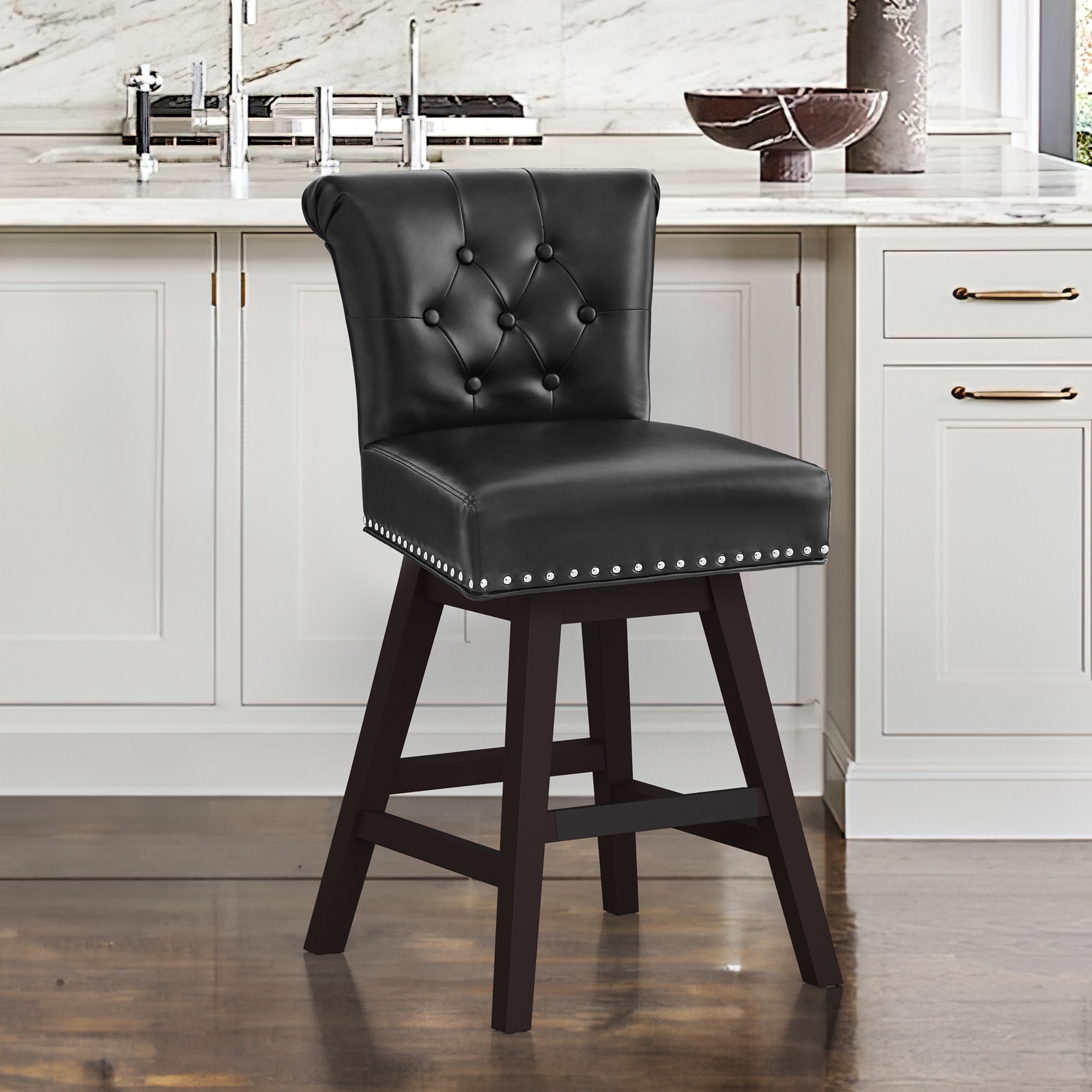 LUE BONA YB-014-01LS Black/Faux Leather 25.8-in H Counter height (24-in to 27-in) Square Seat Upholstered Swivel Wood Back Bar Stool Back